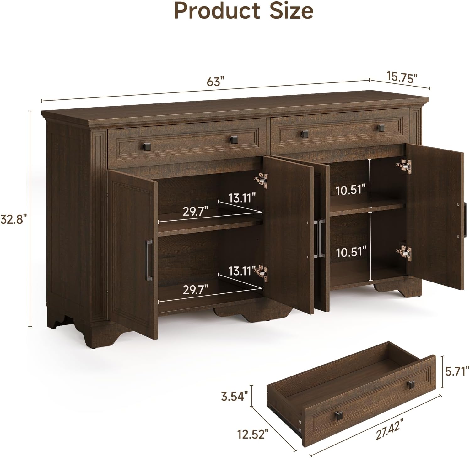 ONBRILL 63" Sideboard Buffet Cabinet, Kitchen Buffet Storage Cabinet, Large Credenza with Drawers & Doors, Wood Coffee Bar Console Wine Bar for Living Room Hallway Brown