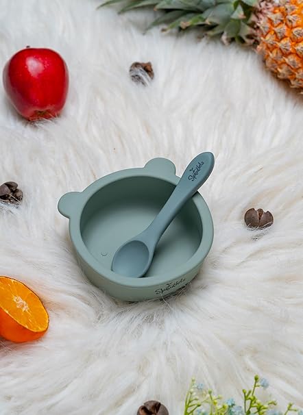 Sproutlets Silicone Baby Feeding Set - Bear Bowl and Spoon for Baby Feeding, BPA Free (Olive Green) with Good Suction