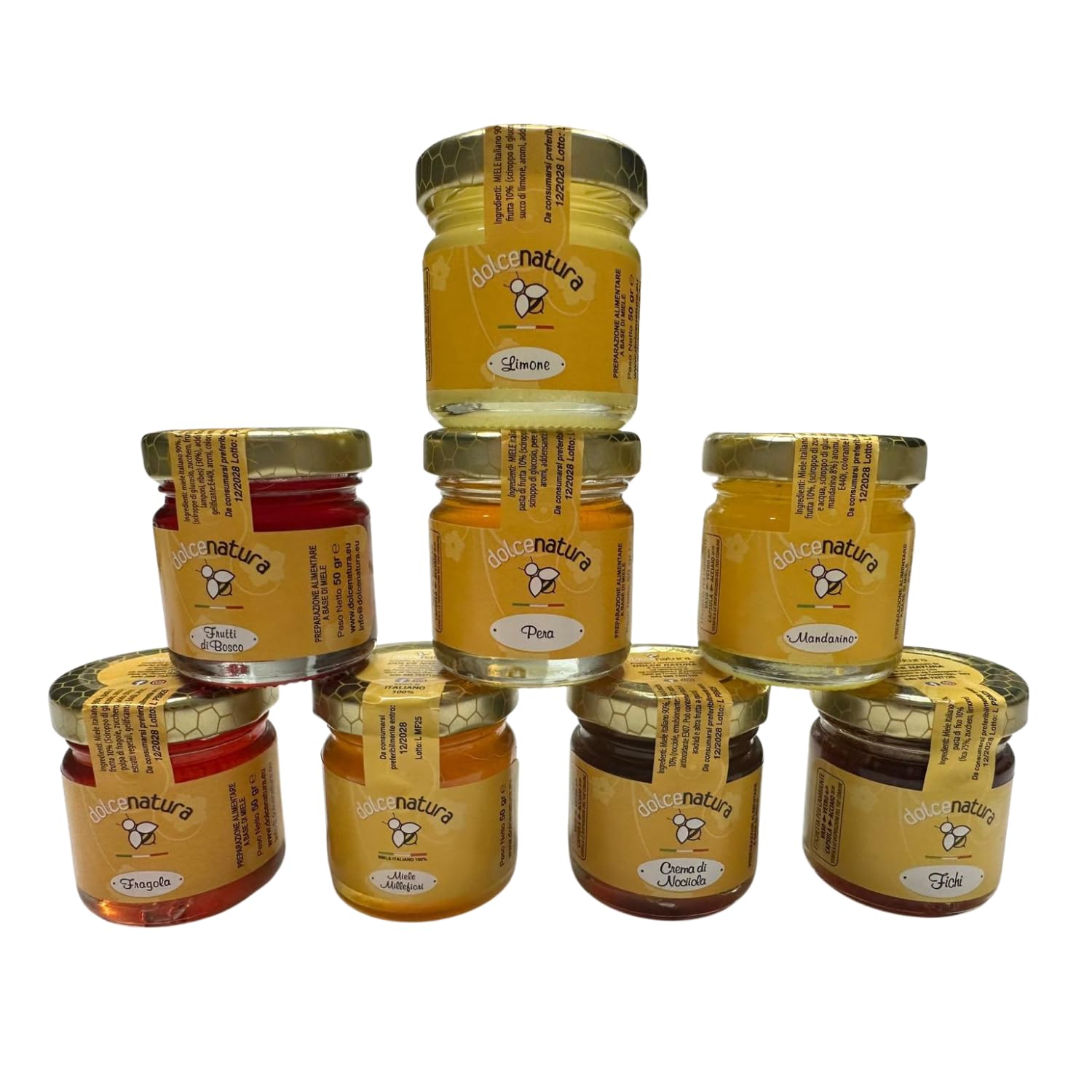 Set Degustazione Miele 8 Vasetti 50g - Miele Italiano Naturale Gusti Assortiti Pera Fragola Limone Mandarino Fichi Frutti di Bosco Nocciola Millefiori Mini Formato Idea Regalo Gourmet (Dolce Natura)
