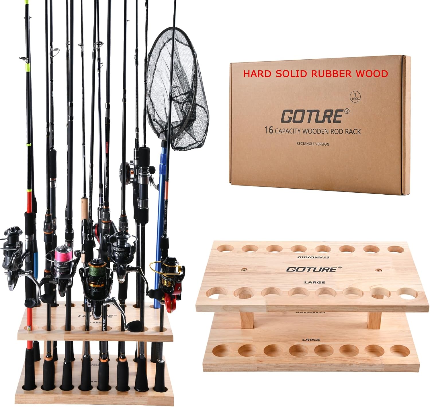 Goture 16 Slots Vertical Fishing Rod Holder Hard Solid Rubber Wood, Square Fishing Rod Rack for Garage, Wood Fishing Pole Storage Floor Stand Fishing Gifts for Men