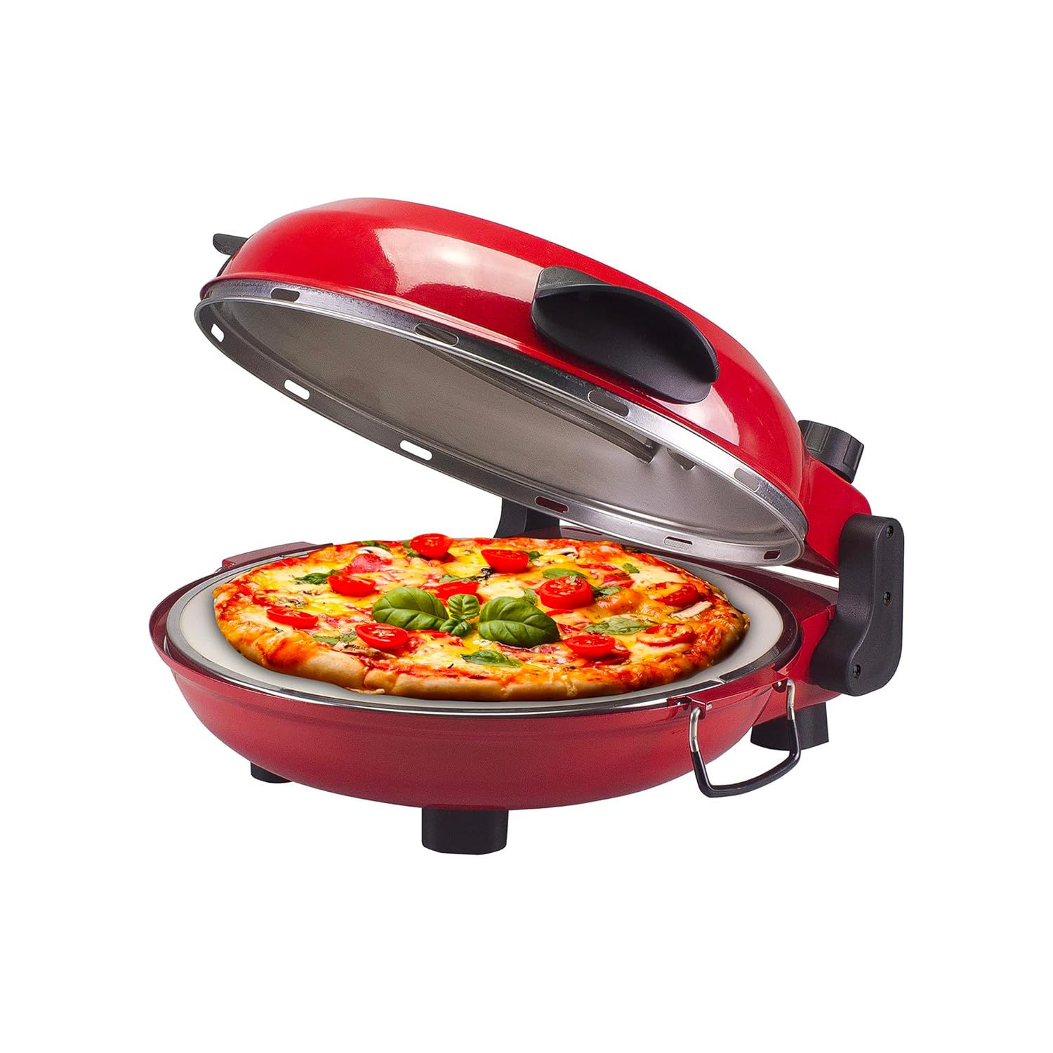 Forno per Pizza Elettrico Portatile con Timer Regolabile - Fornetto Tondo per Pizza Manici Termoisolanti e Base Removibile, in Metallo Anti-Riscaldante, 35x43.5x18.5cm, 1200W, Rosso