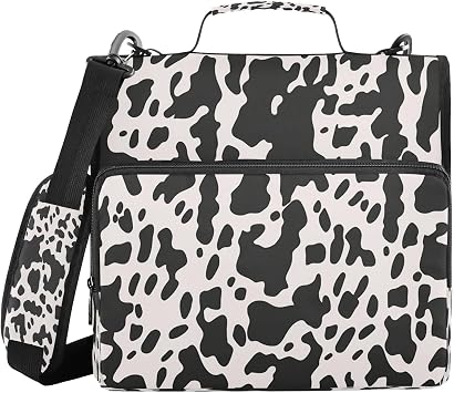 Cow Print Waterproof Zipper Binder with Shoulder Strap, 3-Ring Trapper Keeper with Lay-Flat Design and Multiple Compartments for School & Office, Adults & Kids