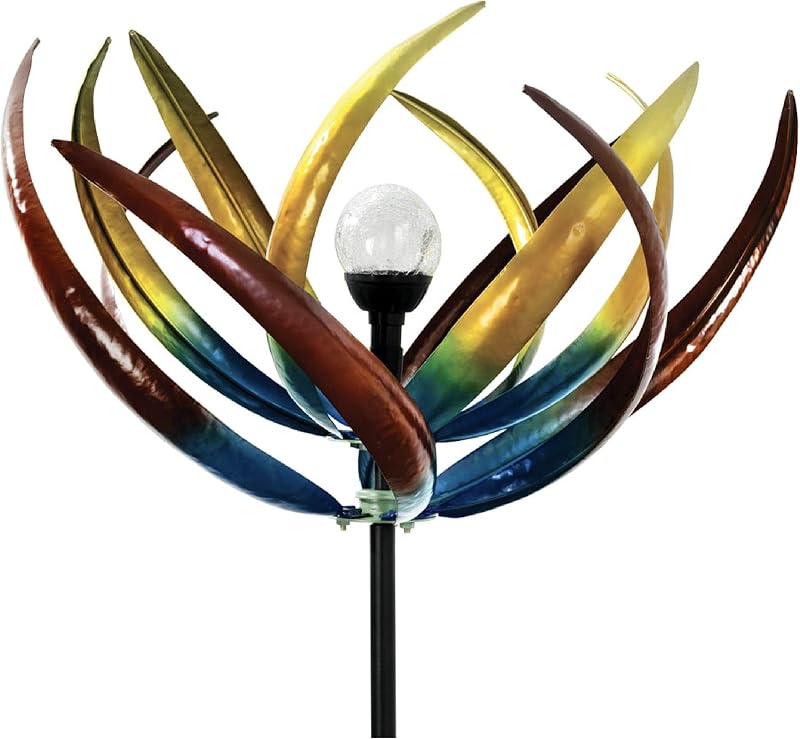 Tulip Wind Spinners Metal Yard Decor Windspinner | Outdoor Solar Lighted Metal Wind Spinner, Large Kinetic Garden Sculptures, Crackle Glass Light, Multi-Colored Garden Decor