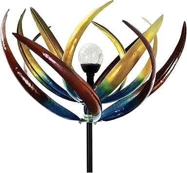Bits and Pieces Tulip Wind Spinners Outdoor Solar Lighted Metal Wind Spinner, Large Kinetic Garden Sculptures, Crackle Glass Light, Multi-Colored Garden Decor
