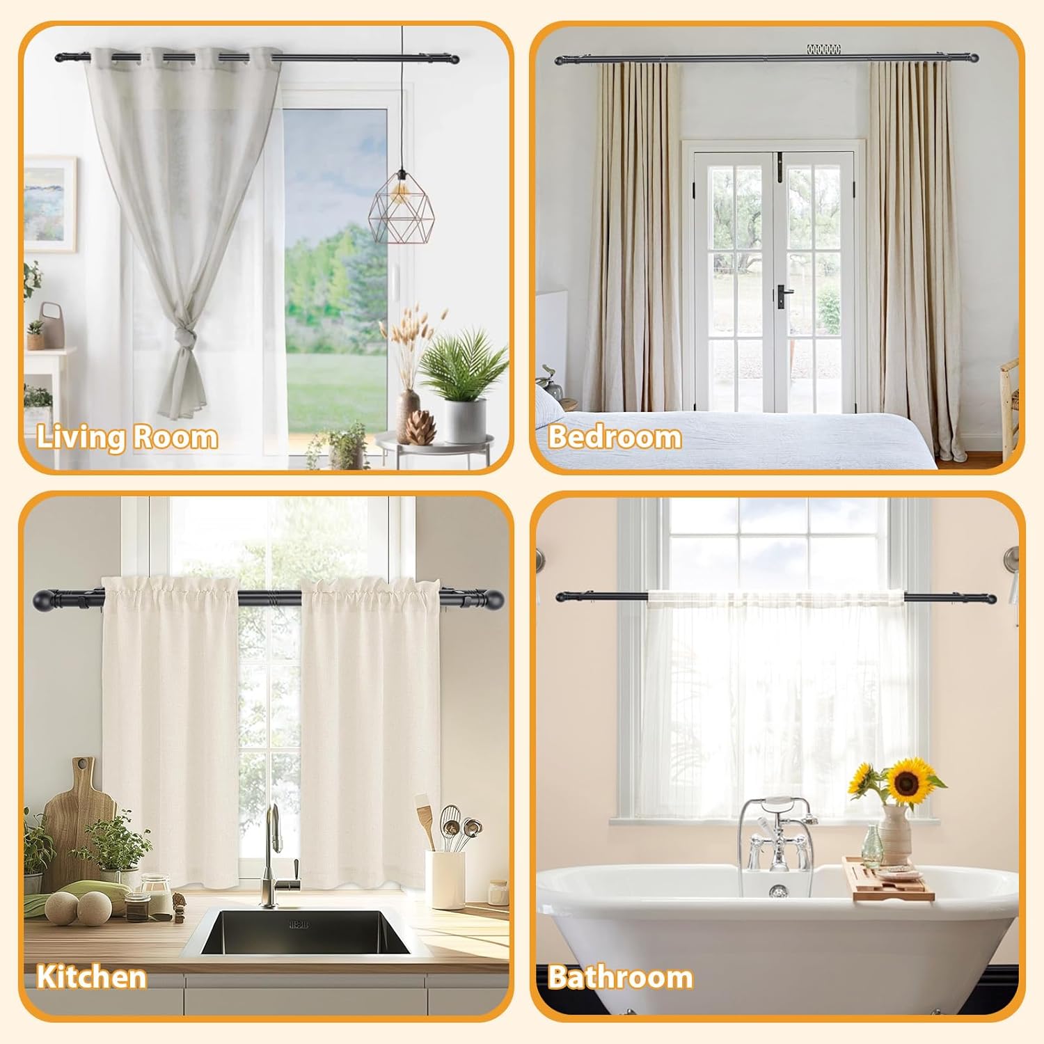 Double Curtain Rods for Windows 31-154 Inches, Black Curtain Rod Set with 2 Poles & Brackets, 5/8 Inch Diameter Metal Drapery Rod for Living Room, Bedroom,Kitchen,Bathroom
