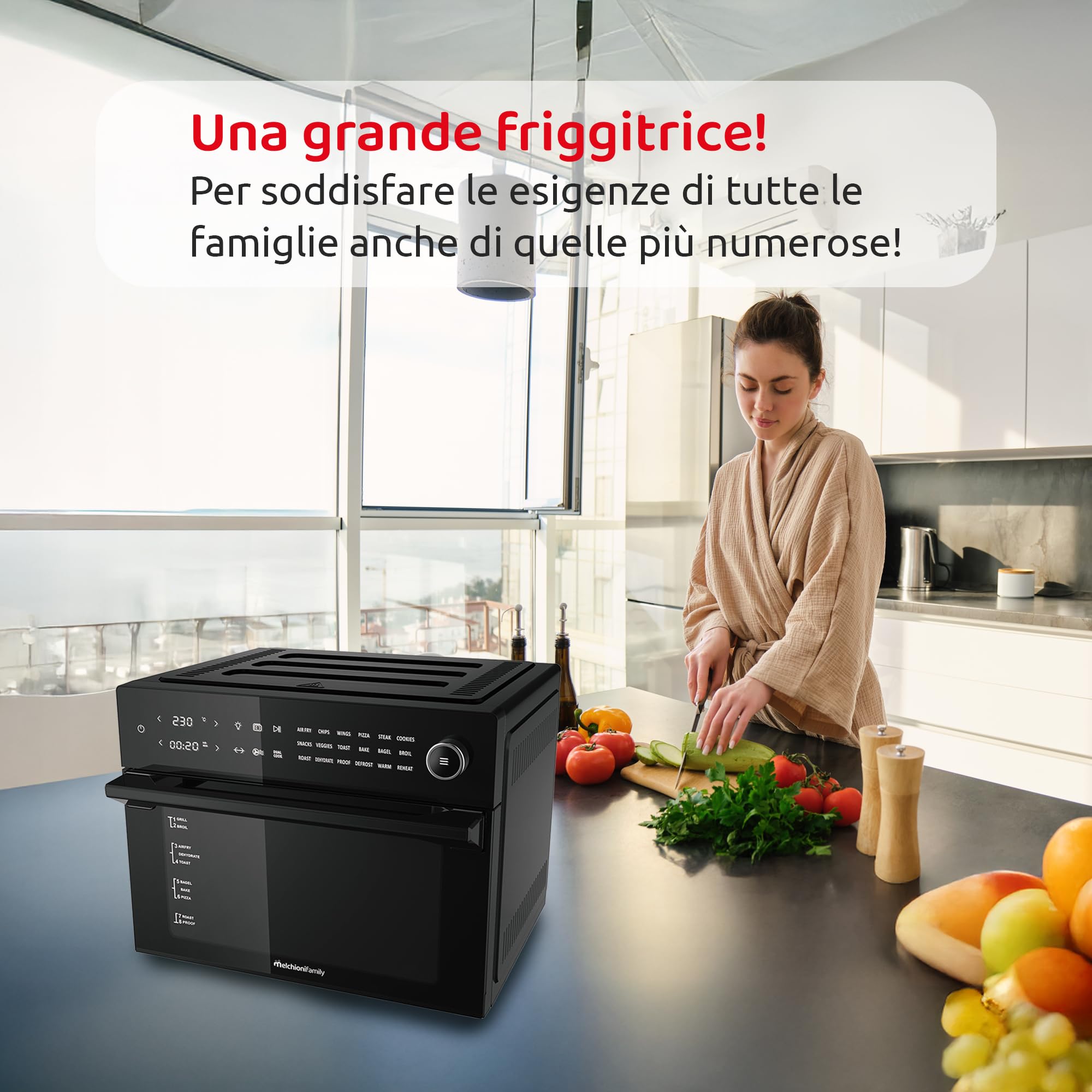 Melchioni Family | Friggitrice ad Aria BENEDETTA Capacità 30 litri, Display Digitale, Funzione Dual Cook, Air Fryer con 18 Programmi, 30-230°, Timer 12h, Colore Nero