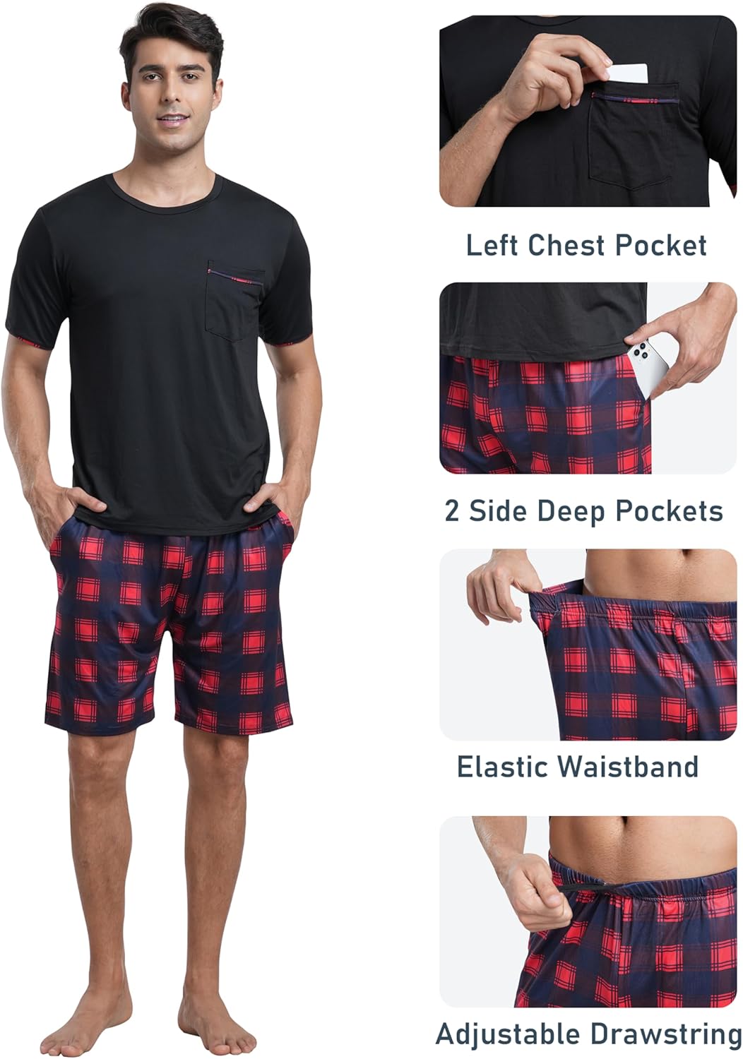 MoFiz Mens Pajamas Set Sleepwear Sleep Shirt and Shorts Pajama Set Lightweight Soft Mens Pjs Lounge Set with Pockets - Image 6