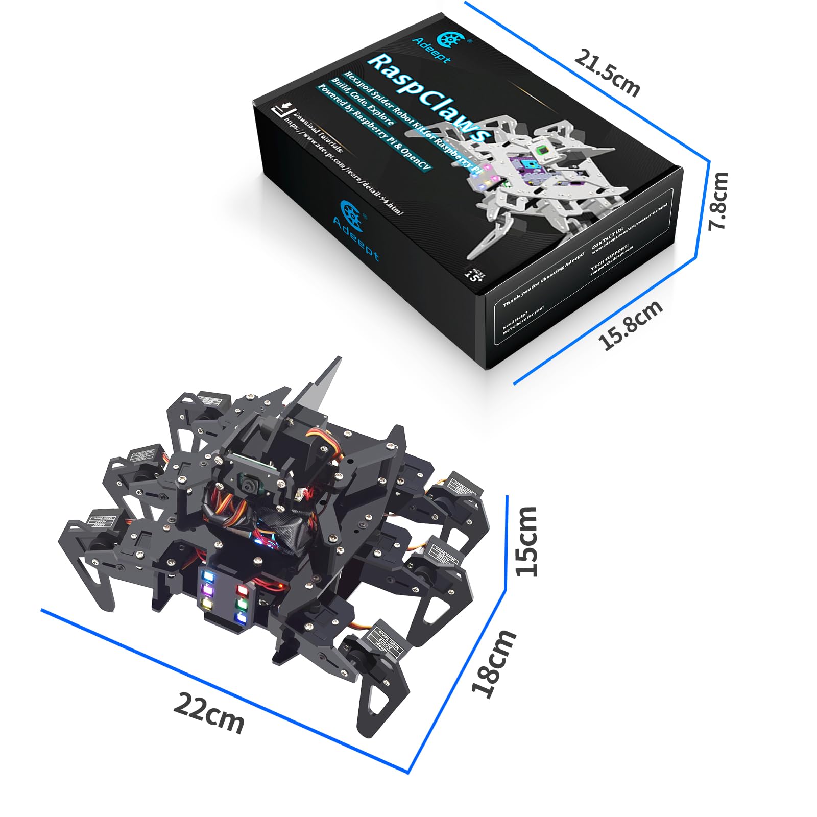 Adeept RaspClaws Hexapod Spider Robot Kit für Raspberry Pi 4/3 Modell B+/B, STEAM Crawling Robot, OpenCV-Zielverfolgung, Videoübertragung,PDF-Handbuch