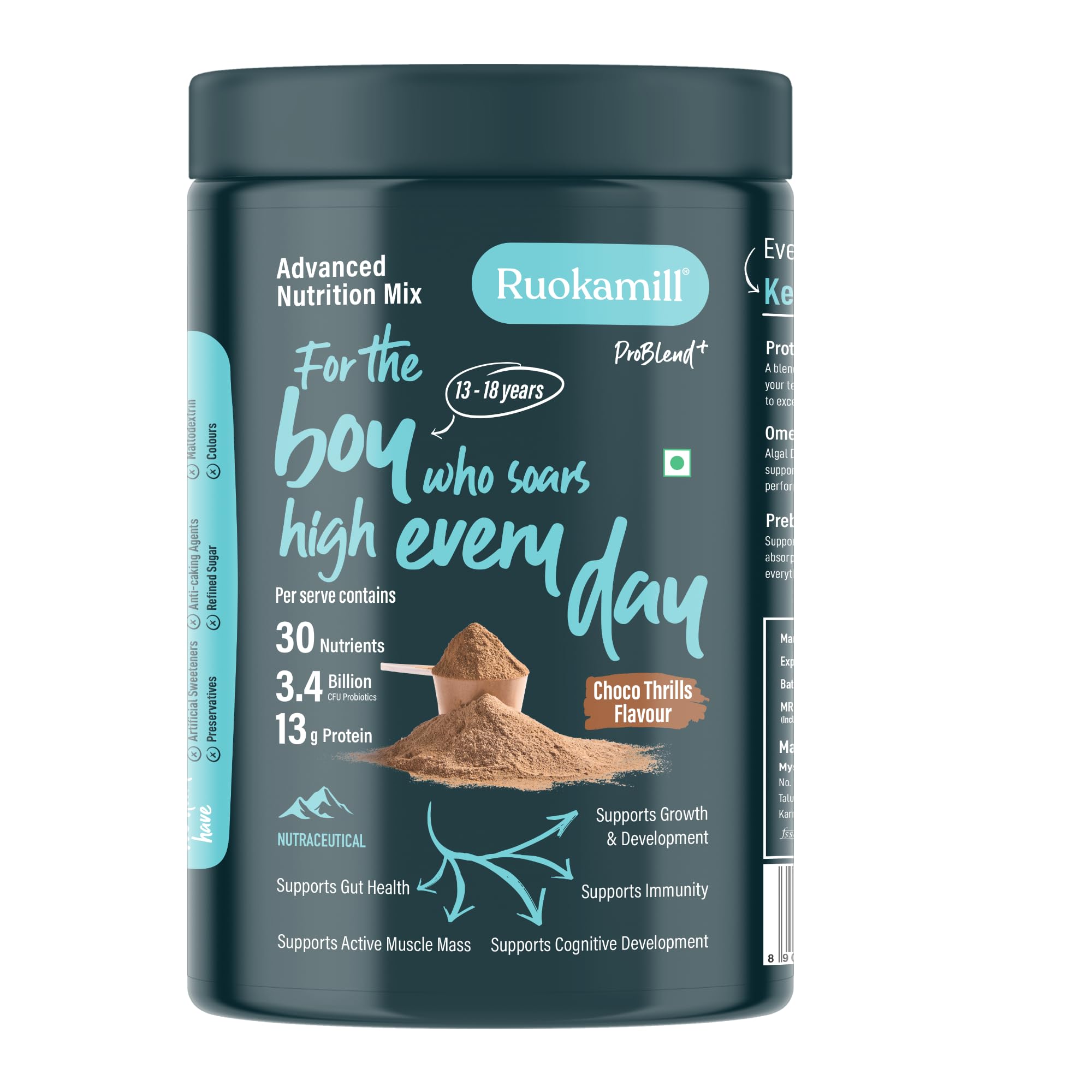 [BRSREFQOOEMGM3I7] Ruokamill Teen Boys Nutrition Mix | Age 13–18y | Supports Growth, Sports performance, Focus & Immunity | 30 Nutrients, 13g Protein, Omega-3, 3.4B CFU Probiotics | No Refined Sugar | (825g, Chocolate)