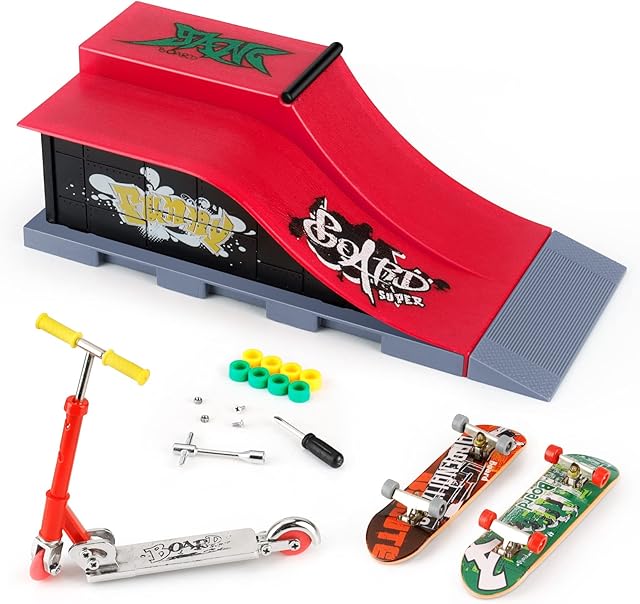 KETIEE Mini Finger Skateboard Ramp Set, Fingerboard Skateboard Skate Park Deck Truck Finger Board Ramp Kit Toy for Kids Birthday Gift, 1810-6E Update