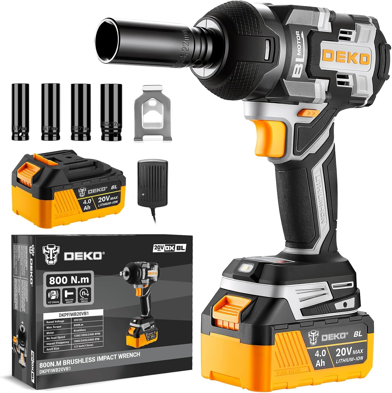 Cordless Impact Wrench:DEKOPRO 590ft-lbs/800N.m Impact Gun, 1/2" Brushless Impact Wrench with 4.0Ah Battery, 4 Sockets, LED Light for Car Home