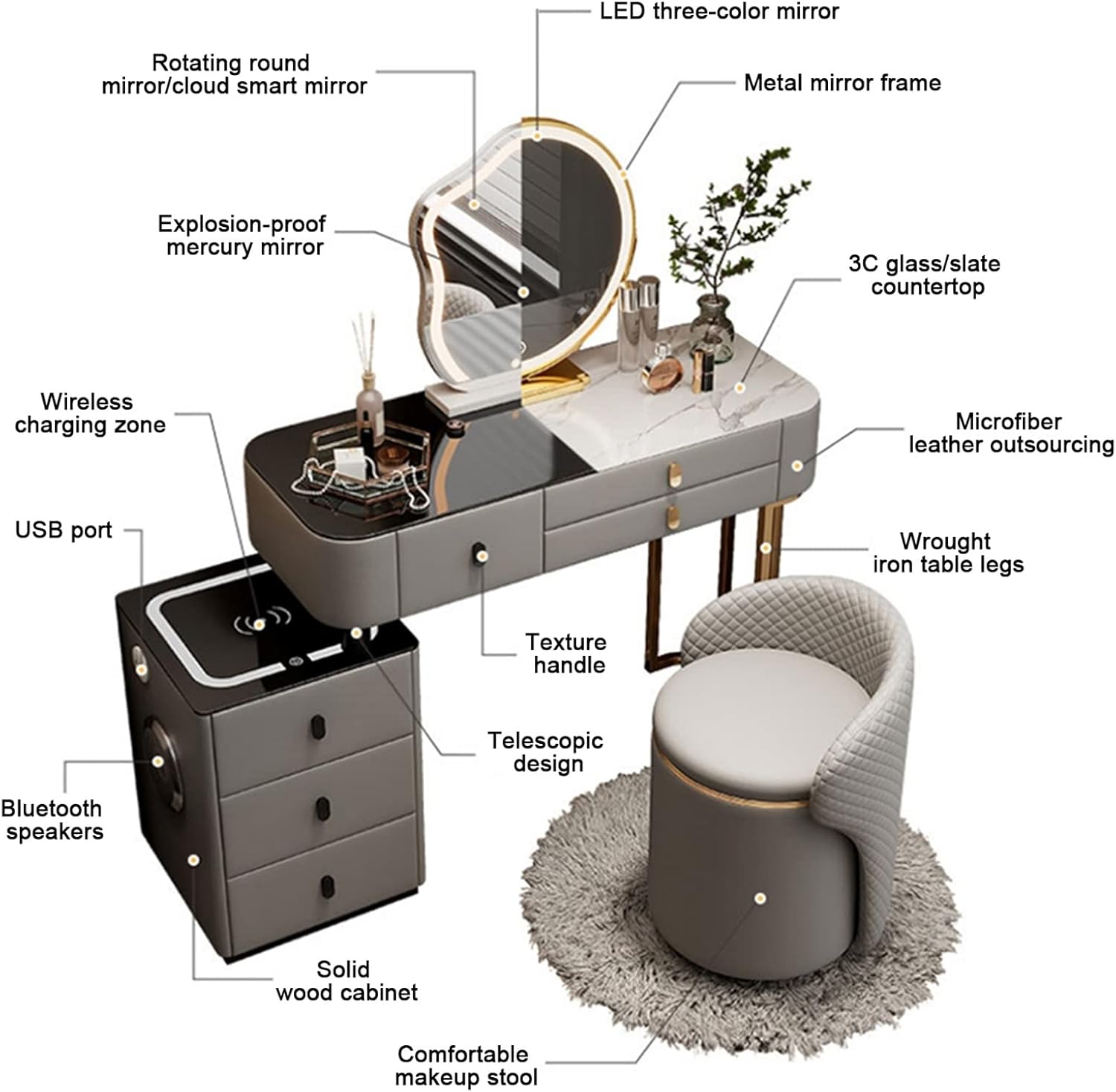 Vanity Desk With Touch LED Lighted Mirror, Dressing Table With 3 Color Lighting Modes, Makeup Vanity Table With 3 Drawers, Storage Cabinet And Charging Station, For Bedroom ( Color : Beige 2 , Size :