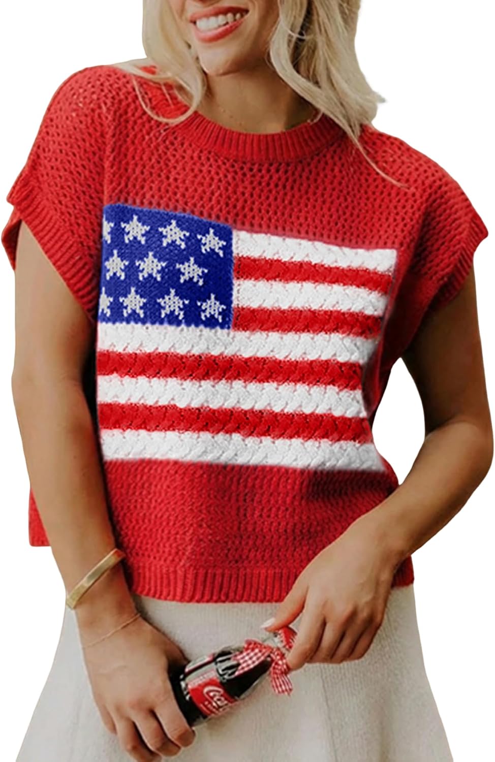 Womens American Flag Sweater Cap Sleeve Summer Crop Tops Crew Neck Loose Fit Knit Sweater Pullover Top