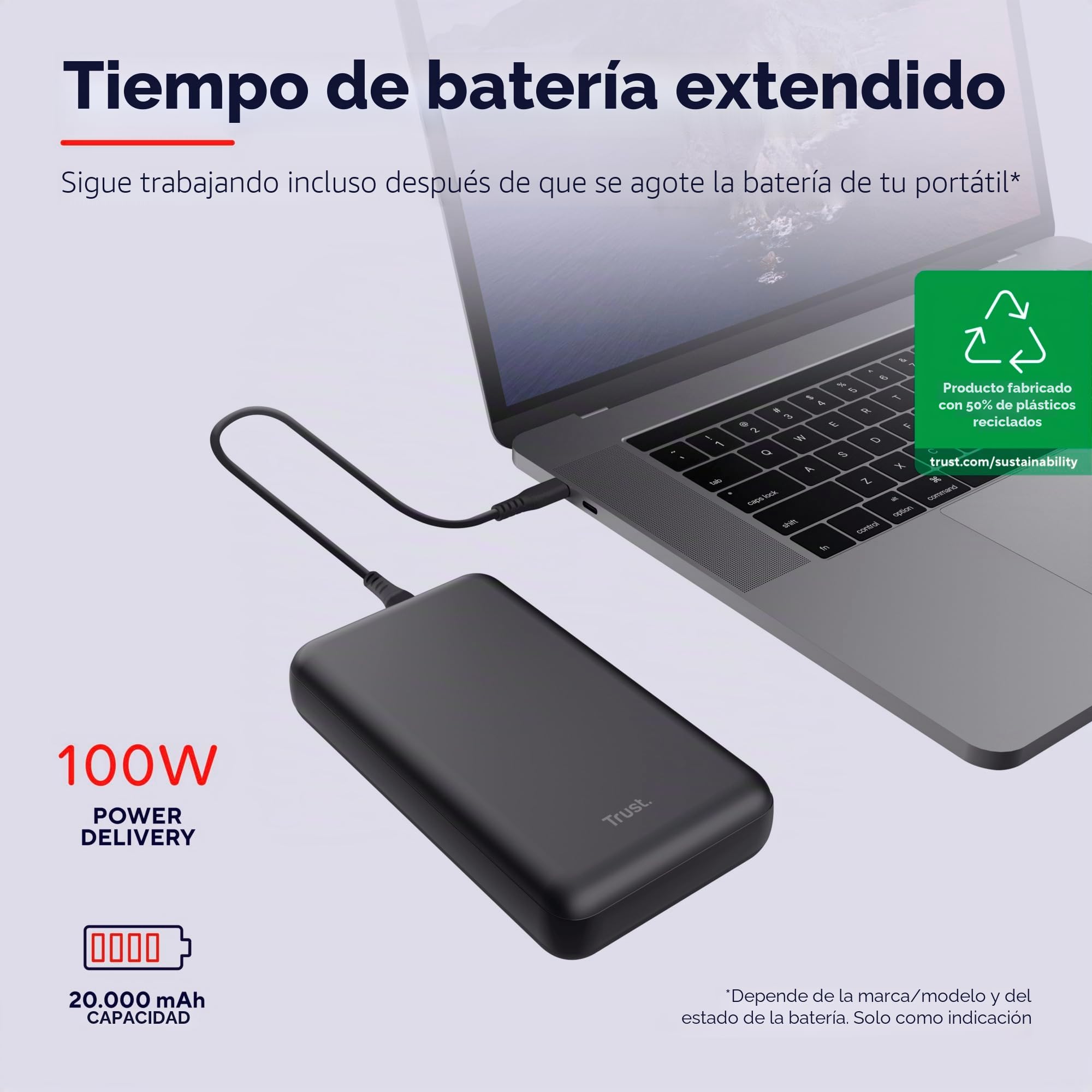 Trust Laro Power Bank 20000mAh 100W para Portátil 2X USB-C 1x USB-A, Batería Externa Carga Rapida, Cargador Portátil Powerbank iPhone Macbook iPad Steam Deck Xiaomi DELL ASUS Lenovo HP