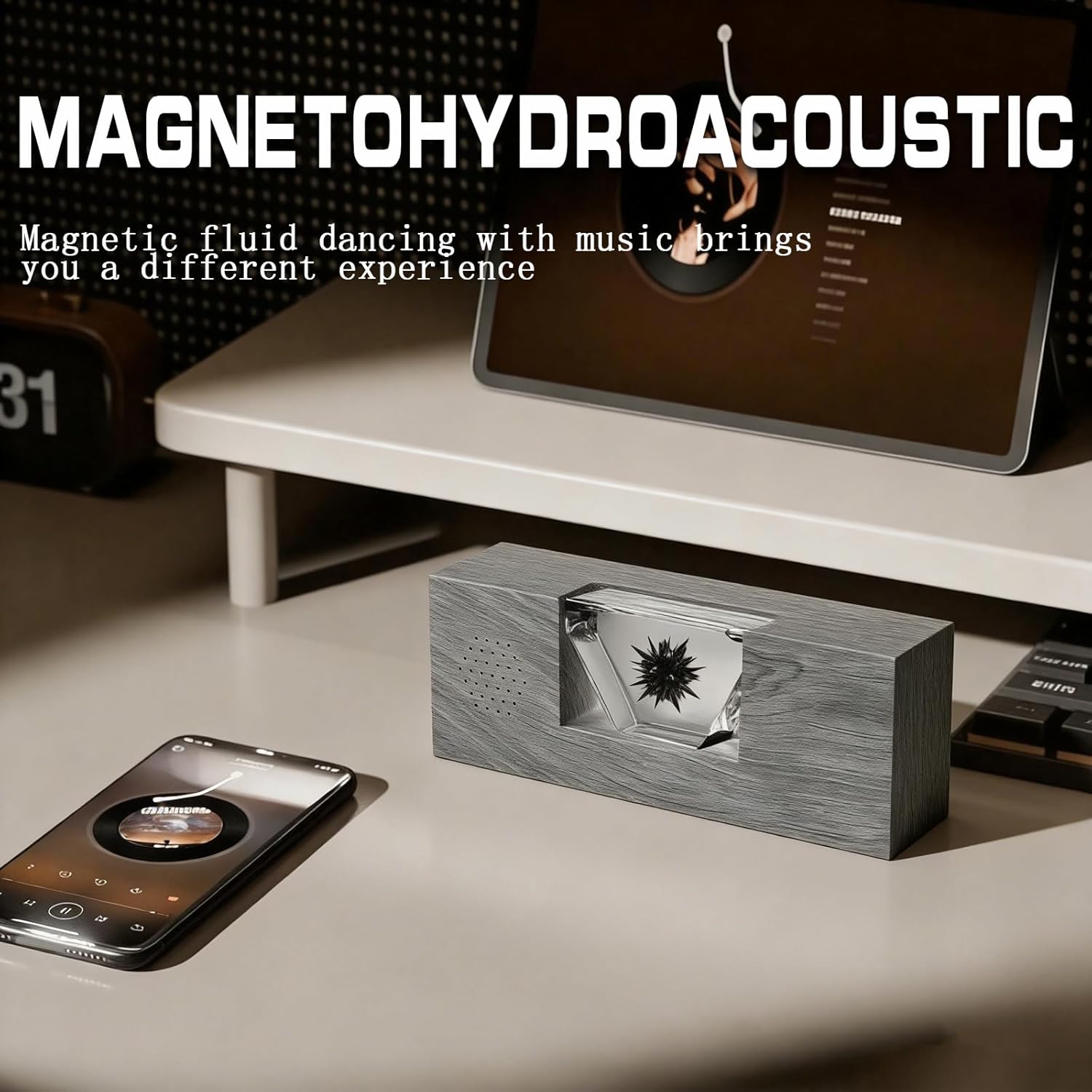 Dancing Dancing Ferrofluid with Bluetooth Speaker, Silvery Walnut Wood Sci-Fi Desktop Bluetooth Speaker, Cool Magnetic Liquid Ferrofluid Display with Music, Audio Visual Ferrofluid Desk Gifts