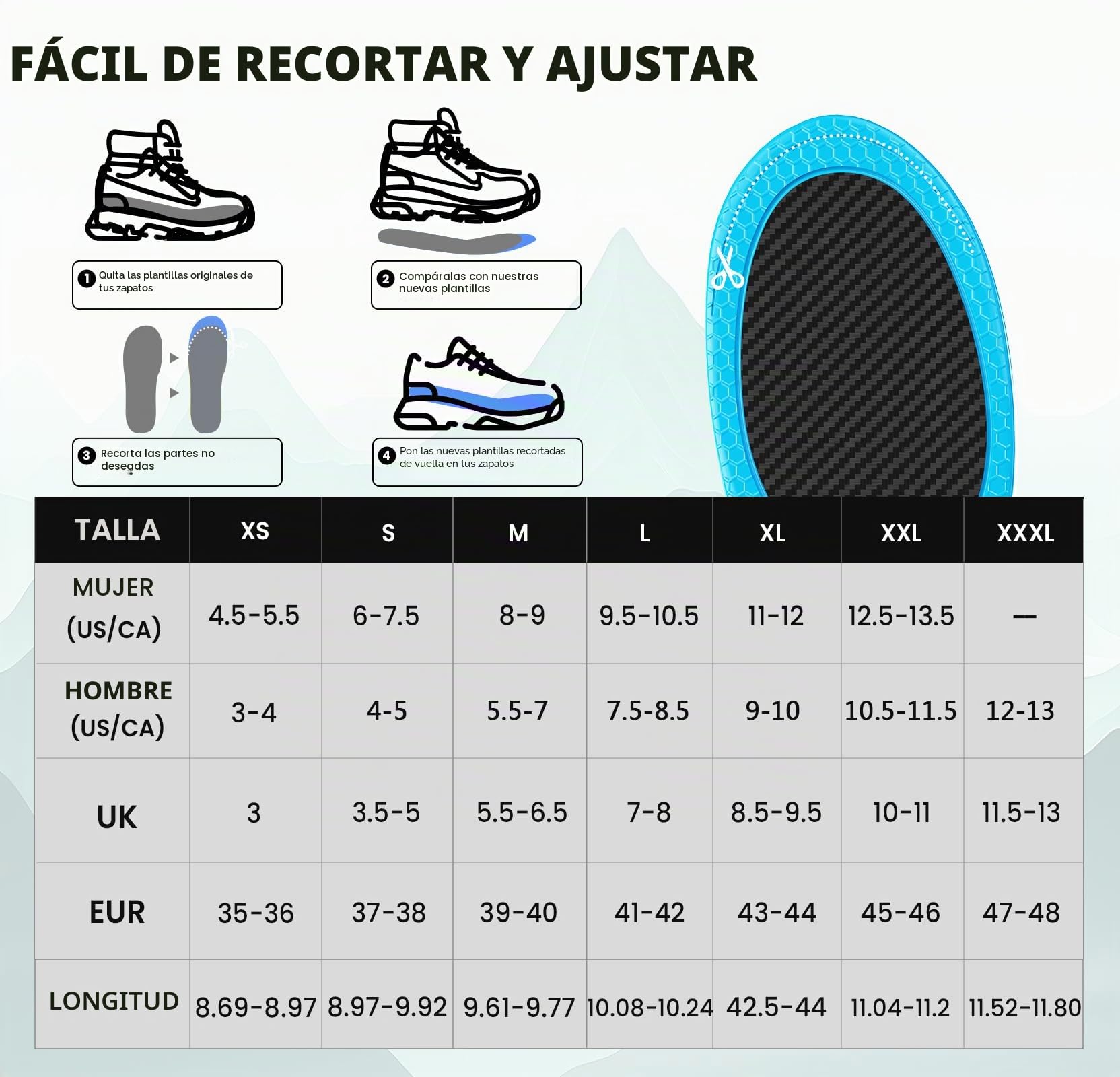 Plantillas Deportivas de Fibra de Carbono con Soporte Arco - Plantillas Welnove para Running con Absorción de Impacto para Deportes Activos - （L:41-42.5)