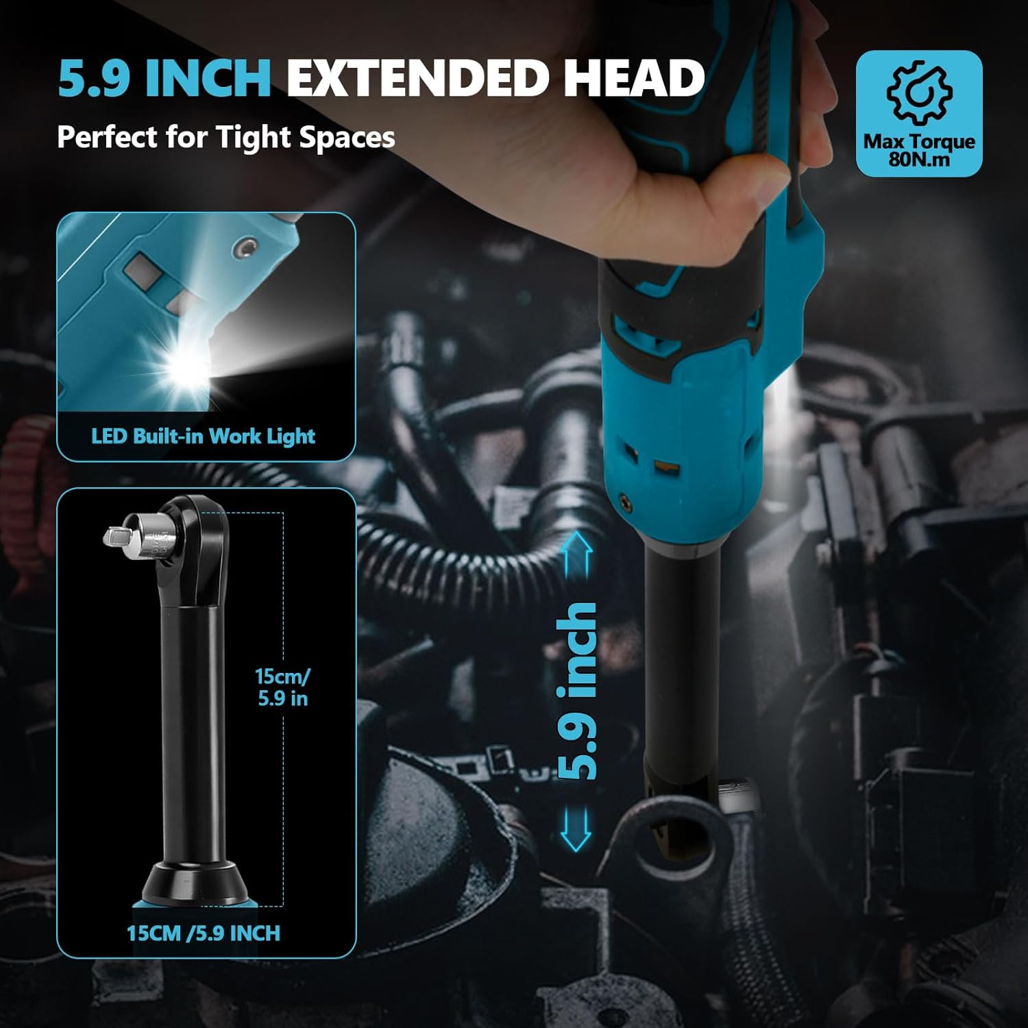2026 Upgraded Brushless 3/8" Cordless Ratchet Wrench Compatible with Ma-kita 18V Batteries (No Battery), 60 ft-lbs Max Torque, Variable Speed, LED Light for Auto, Home & Workshop