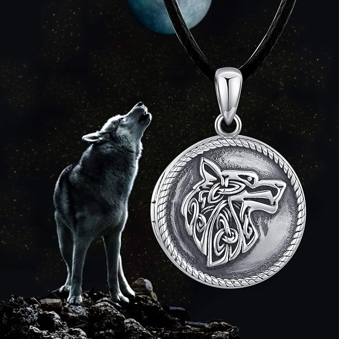 CHENGHONG Wolf Locket Necklace 925 Sterling Silver Locket Necklace That Holds Pictures Vintage Oxidized Viking Necklace Celtic Wolf Pendant Jewelry Gifts for Men Women