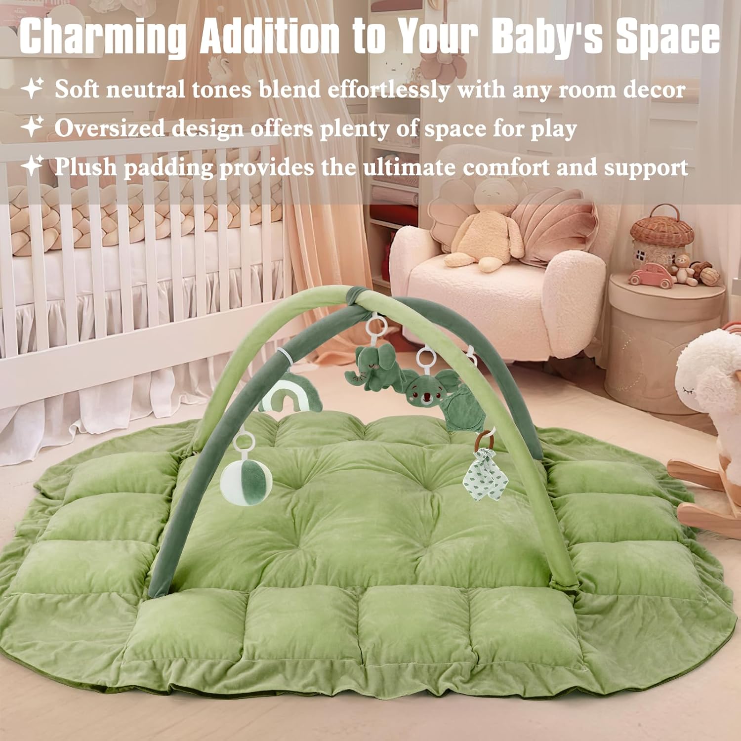 5-in-1 Plush Baby Play Gym, Baby Play Mats, Convertible Baby Gym, Tummy time mat, 6 Sensory Toys, Activity Center, Ball Pit, Green