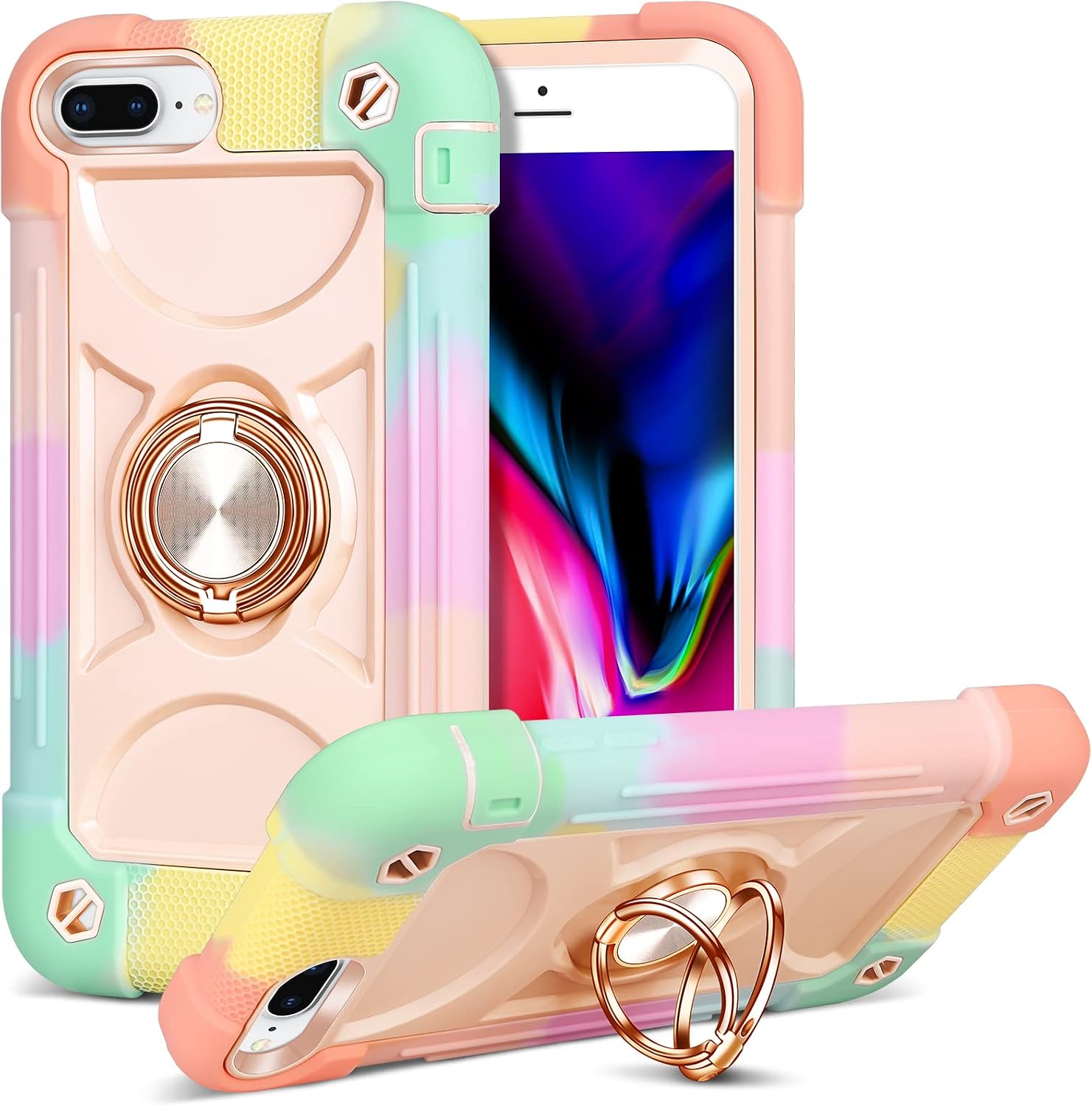JAKPDE for iPhone 7 Plus Case iPhone 8 Plus Case Built-in Rotating Ring Holder Vertical and Horizontal Stand Case Protective Heavy Duty Shockproof Three Layer Cover for iPhone 7 Plus/8 Plus Rose Gold