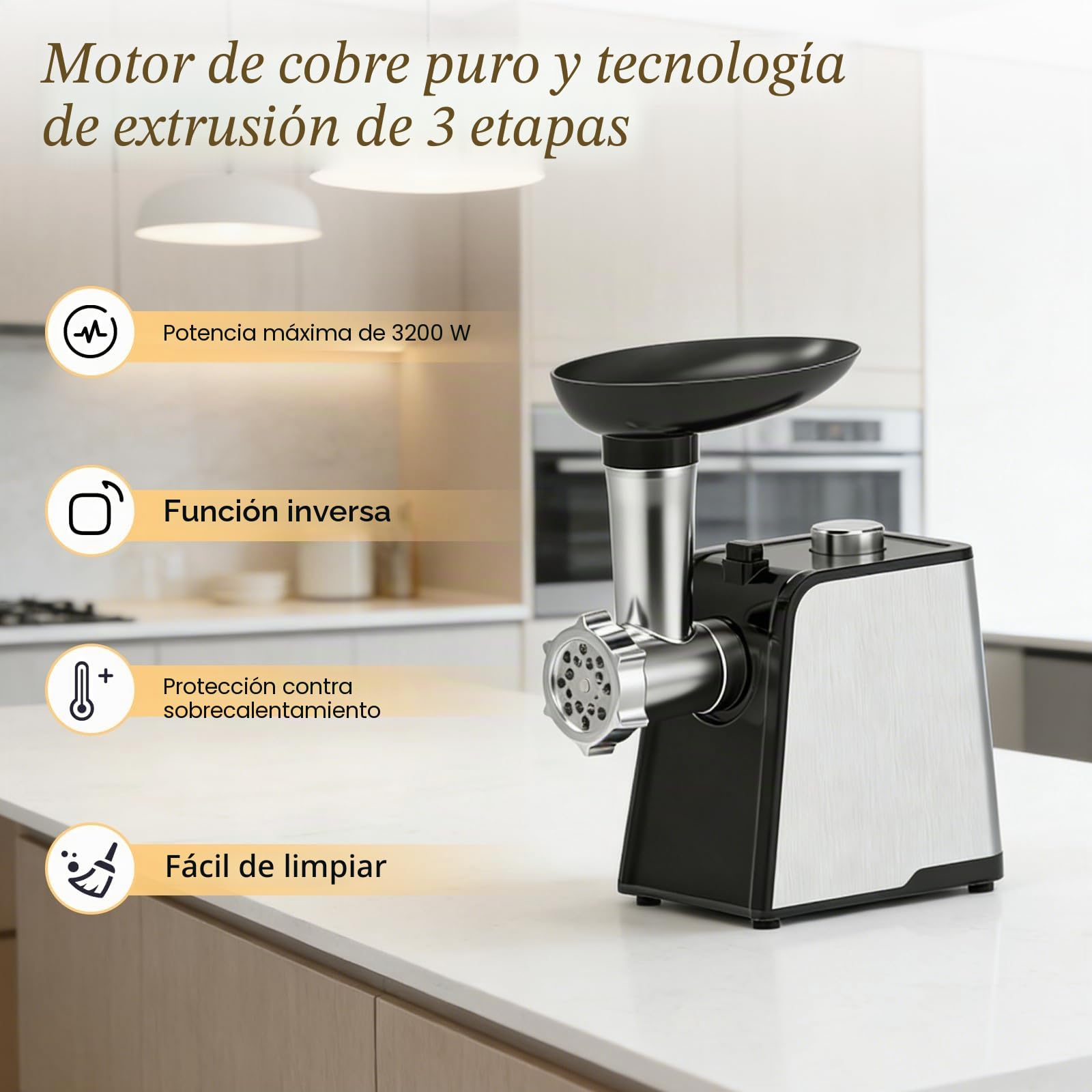 Picadora de Carne Eléctrica 3200W Max, Picadora de carne Multifuncional | Con 3 Placas de Corte, 2 Cuchillas y 3 Tubos para Embutidos, Picadora de Carne en Acero Inoxidable para Uso Doméstico