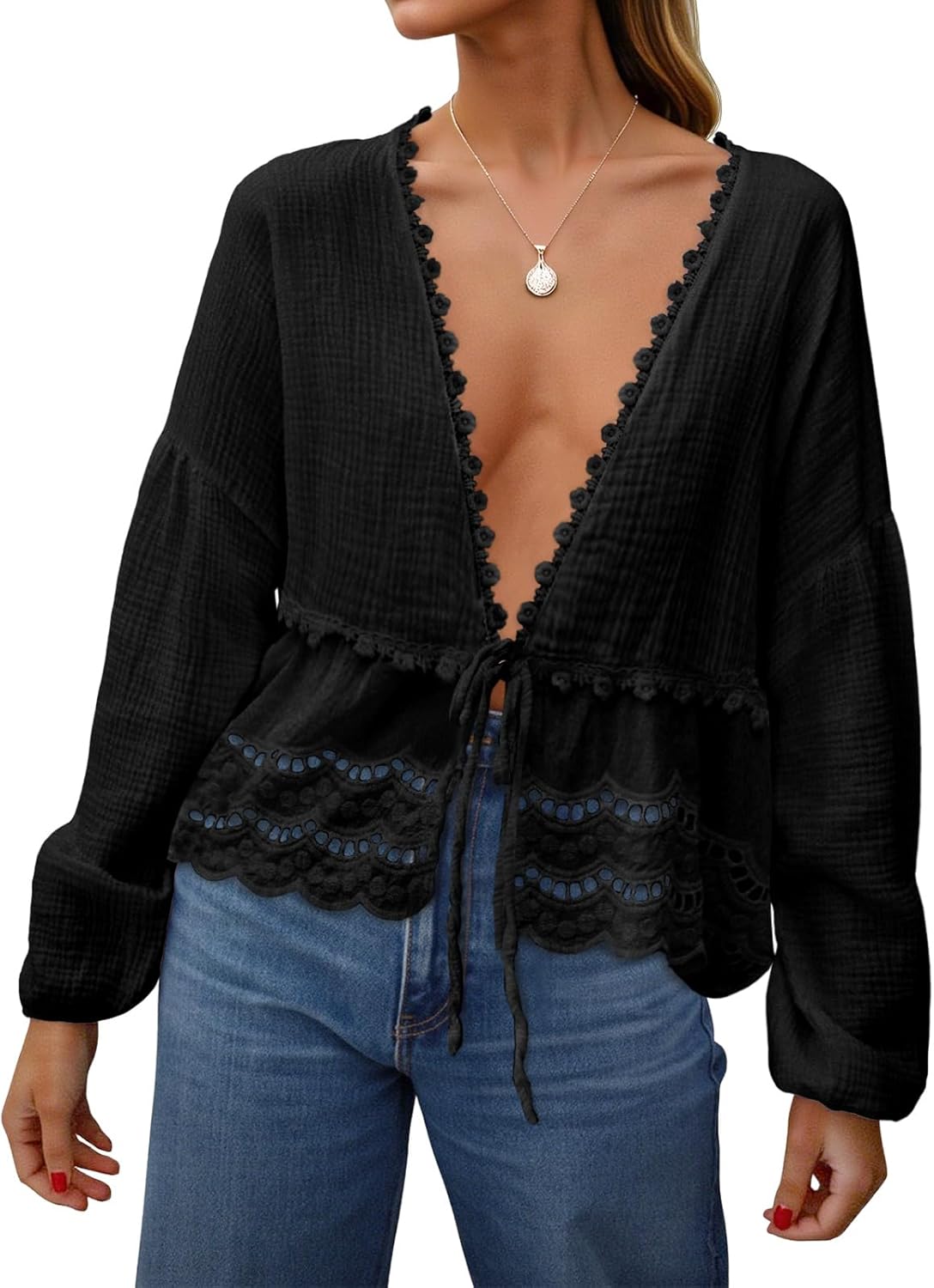 Tankaneo Womens Deep V Neck Tie Front Blouse Cotton Long Puff Sleeve Eyelet Tops Cute Lace Trim Flowy Ruffle Shirts