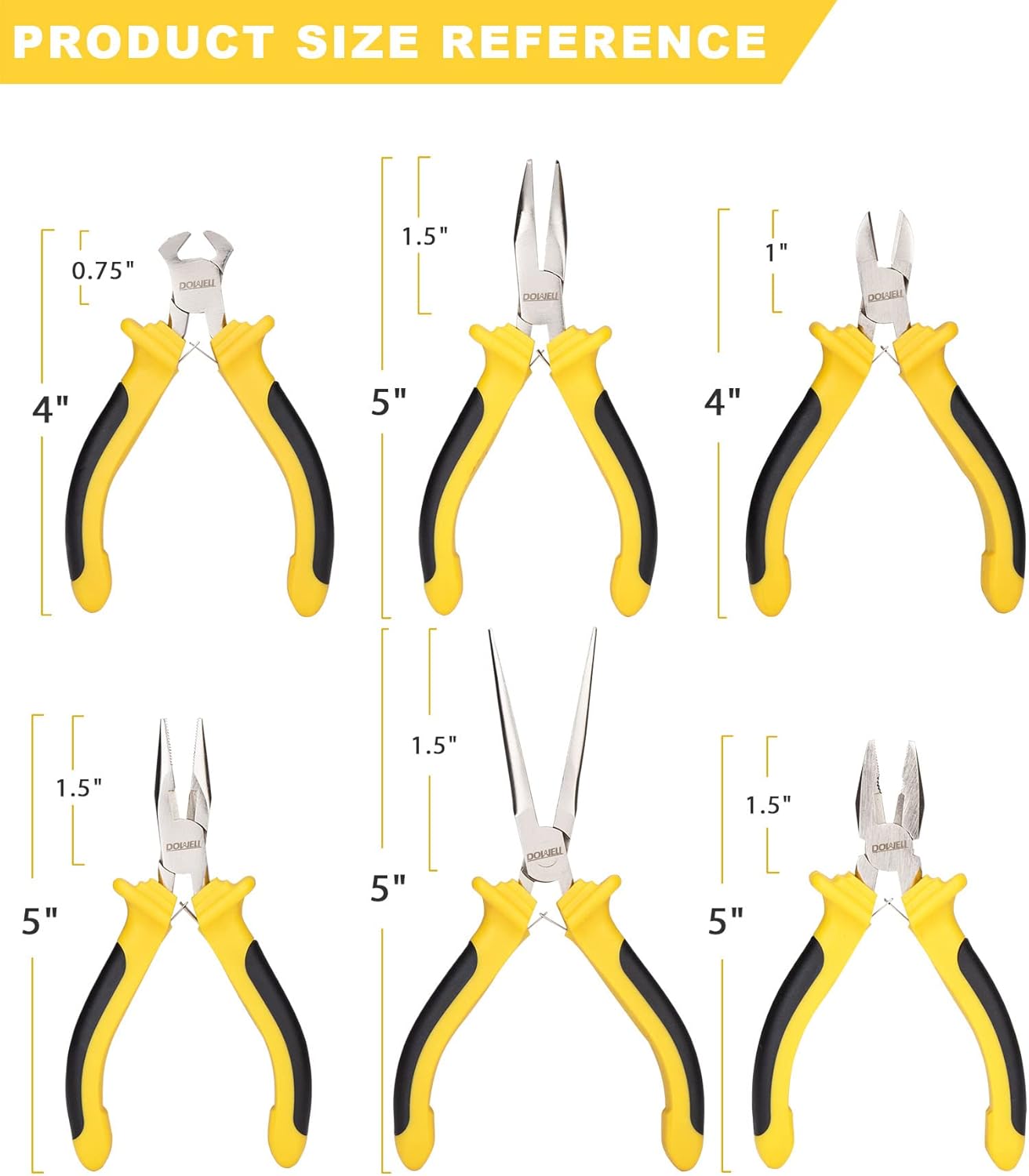 DOWELL 6-piece Mini Pliers Set Needle Nose Diagonal Long Nose Bent Nose End Cutting and Linesman for Making Crafts Repairing Electronic Devices with Pouch