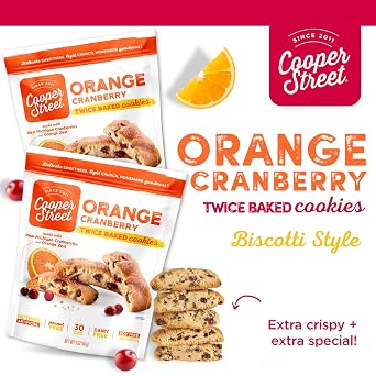 Cooper Street Italian Biscotti Cookies - Twice Baked Biscotti Style Cookie Biscuits in Delicious Orange Cranberry Flavor | Crispy, Light and Healthy Cookies | Peanut & Dairy Free | 18oz | 8 Pack