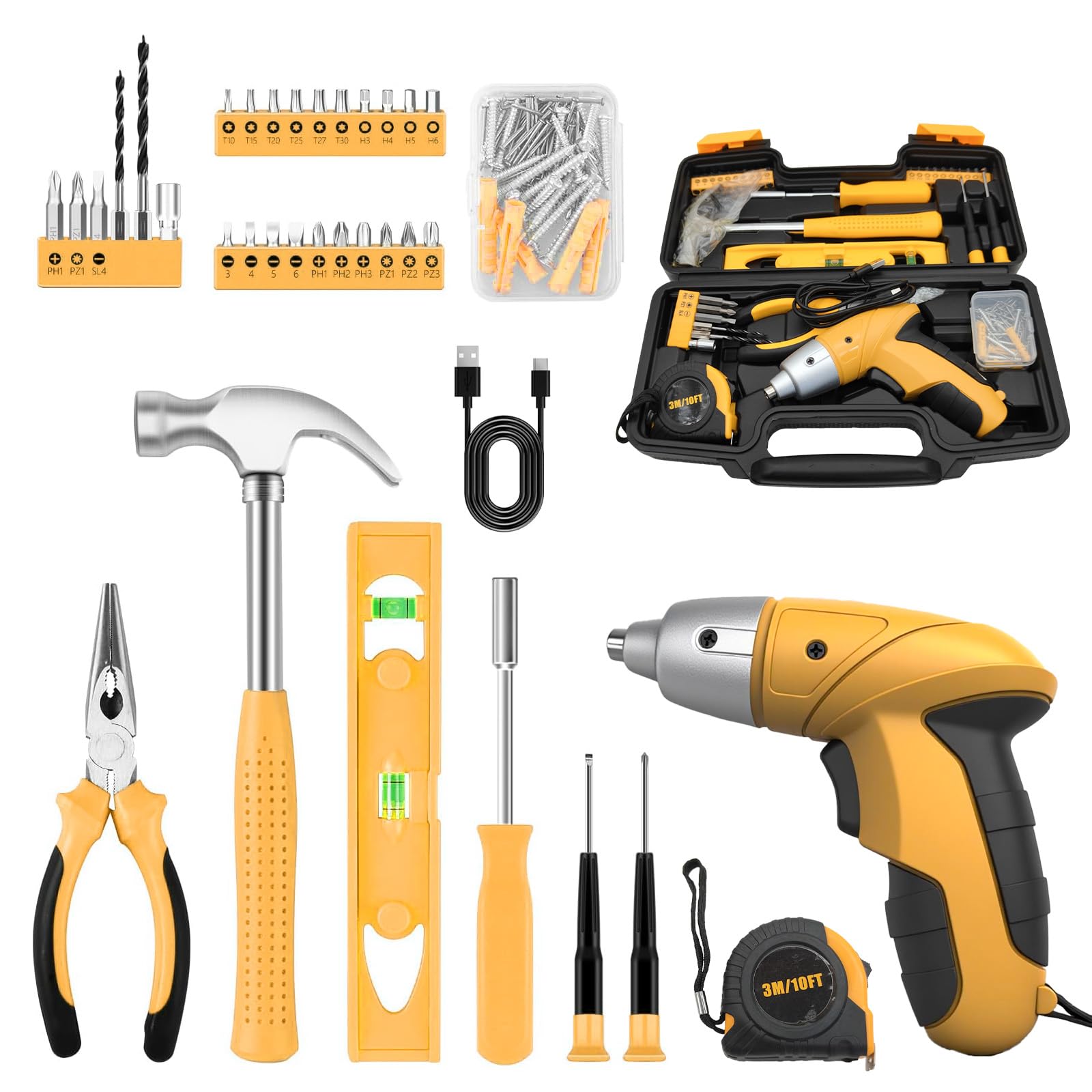 Juego de 112 herramientas con pequeño destornillador inalámbrico, destornillador eléctrico inalámbrico y herramientas manuales, caja de herramientas para bricolaje, para oficinas y jardín