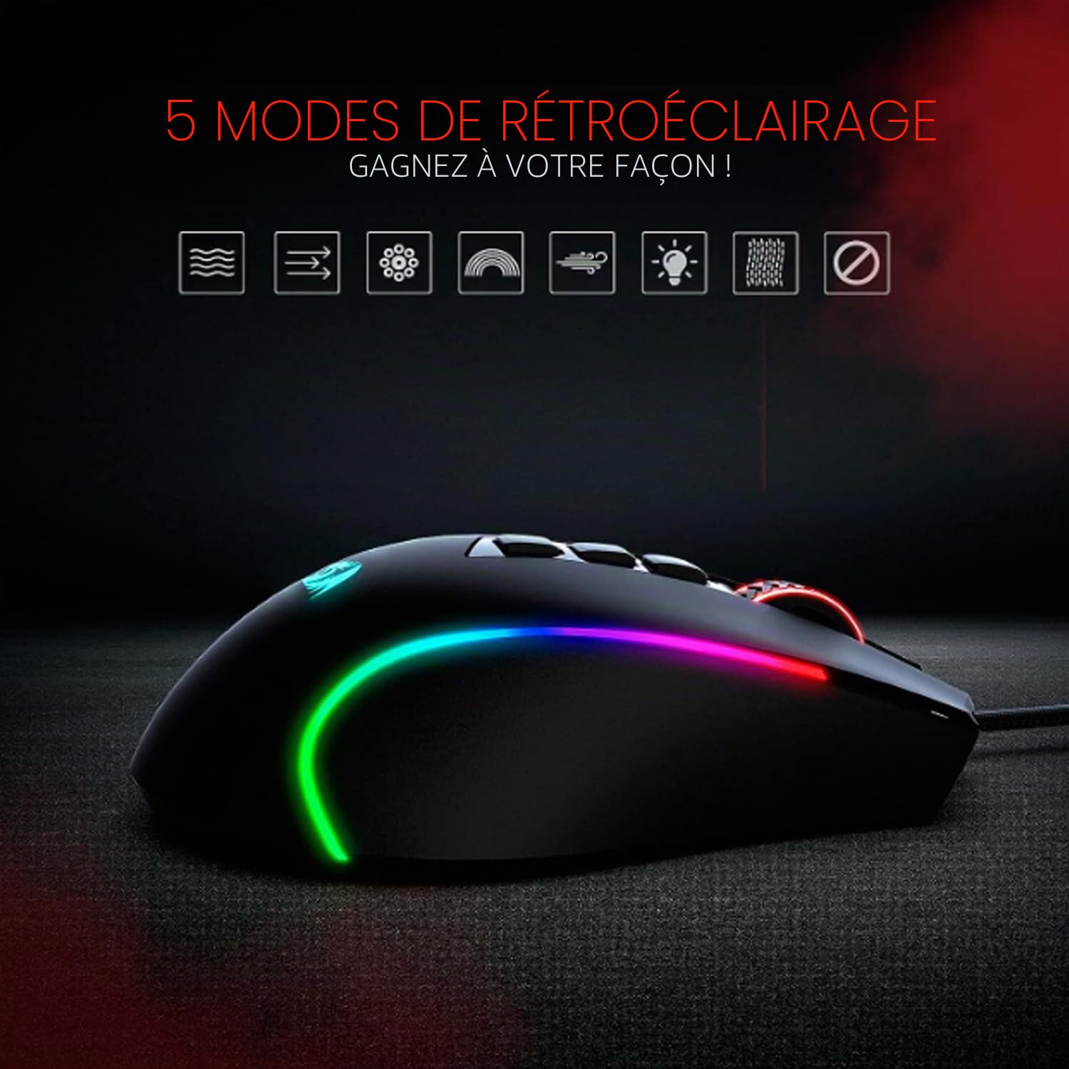 Redragon M612 Predator RGB Souris de Jeu, Souris Gamer Optique Filaire 8000 DPI 11 Boutons programmables & 5 Modes rétroéclairés