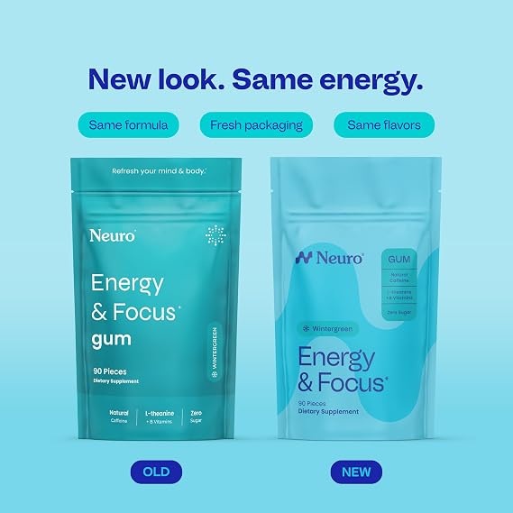 Neuro Energy & Focus Gum - Caffeine Gum with 40mg Natural Caffeine & L-Theanine - Nootropic Energy Supplement with B Vitamins - Sugar Free, Vegan - Wintergreen, 90ct