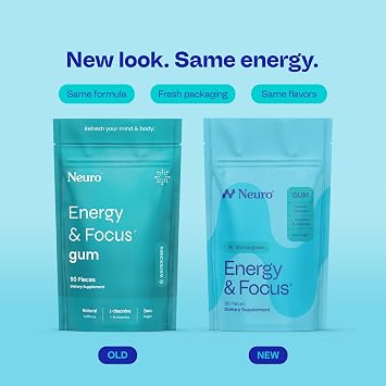 Neuro Energy & Focus Gum - Caffeine Gum with 40mg Natural Caffeine & L-Theanine - Nootropic Energy Supplement with B Vitamins - Sugar Free, Vegan - Wintergreen, 90ct