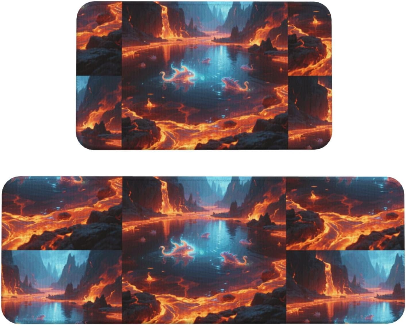 Magic Lava Lake Kitchen Rugs Set of 2, Cushioned Anti-Fatigue Kitchen Mats for Floor, Waterproof Comfort Standing Mat Absorbent Velvet Kitchen Runner Rugs 17"x30"+17"x47"