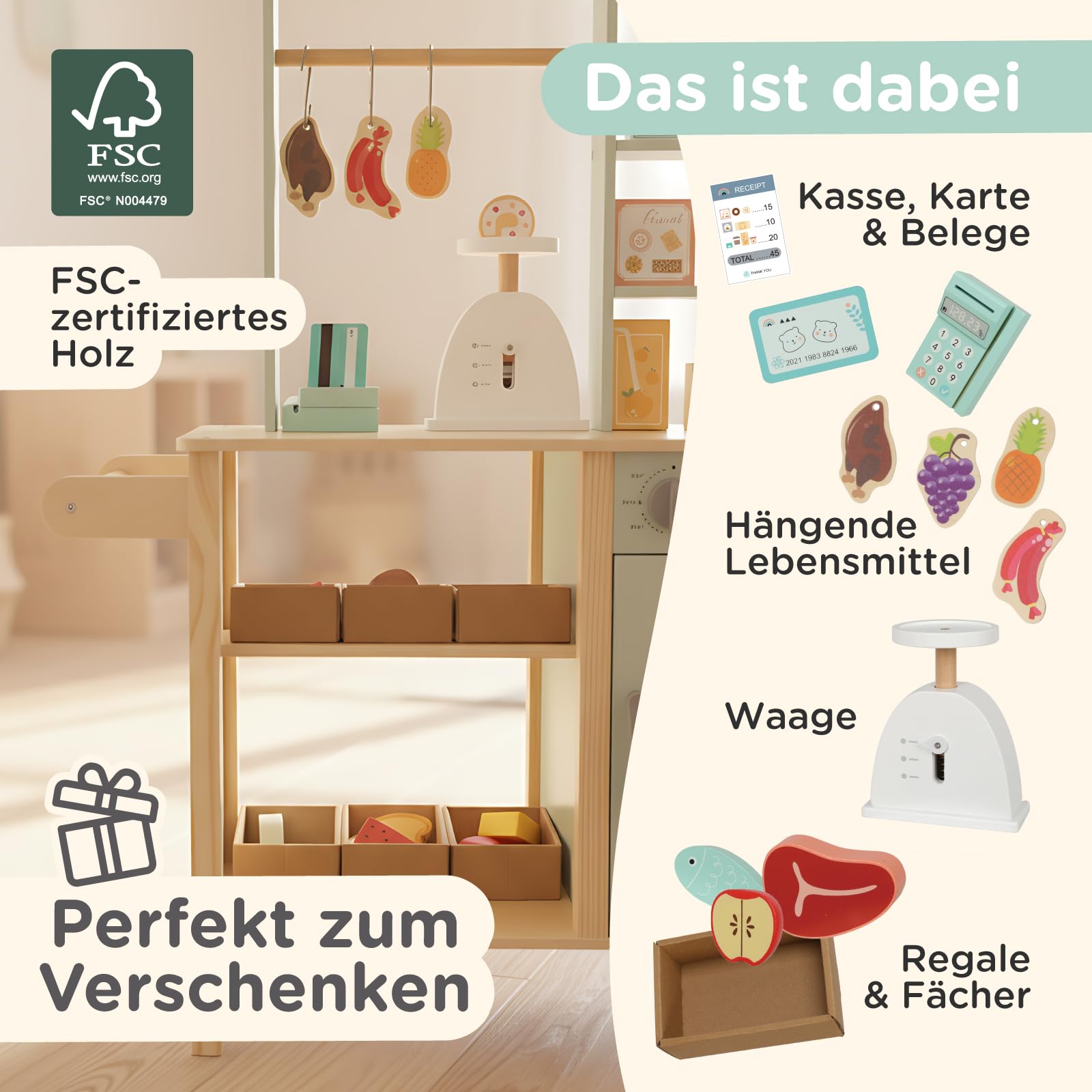 Nene Toys Kaufladen aus Holz – All-in-One Marktstand Supermarkt für Kinder mit Kasse, Waage, Kreidetafel, Hängestange, Fächern & Rollen – Wendeseite mit Ofen – Geschenkidee ab 3 Jahren – FSC-Holz