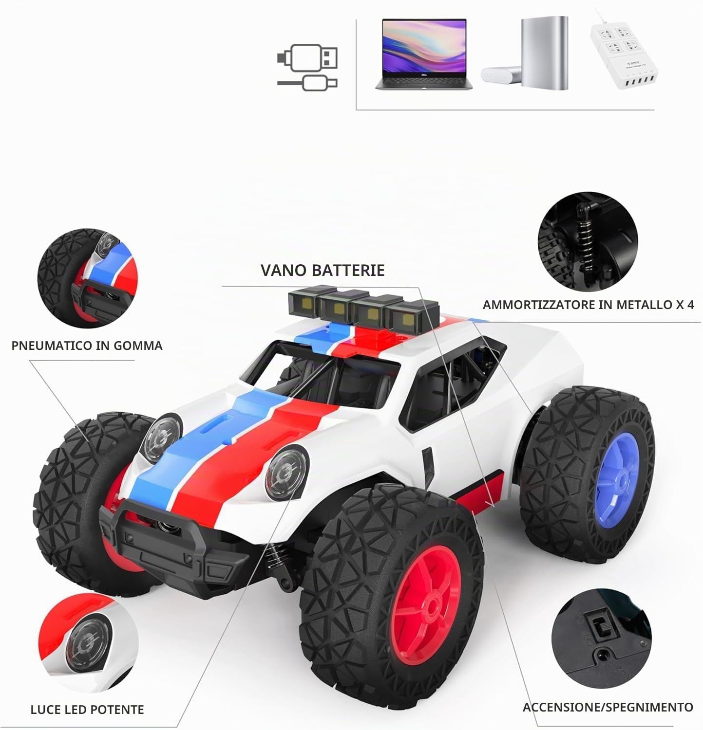 Kizeefun - Auto telecomandata, 2,4 GHz, scala 1/20, fuoristrada, raggiunge i 20 km/h, tutti i terreni, giocattolo elettrico, con 2 batterie, autonomia di 50 minuti, con fari LED, regalo per bambini
