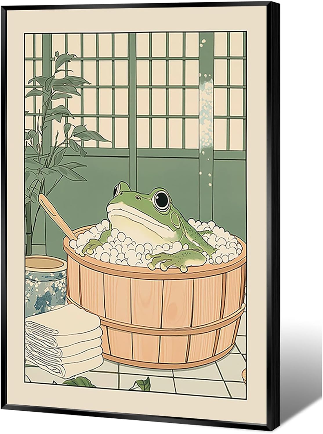 Cute Japandi Posters Sage Green Frog in Bathtub Wall Art Vintage Japanese Frog Bathroom Decor Funny Animal Canvas Kawaii Prints Pictures for Dorm Bedroom Toilet Aesthetic 16x24in Metal Black Frame