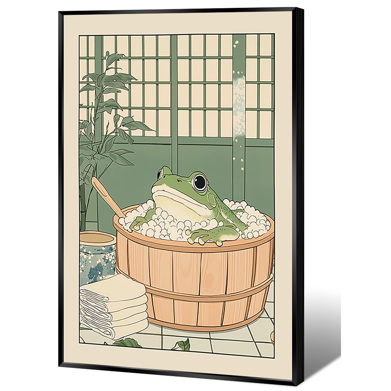 Cute Japandi Posters Sage Green Frog in Bathtub Wall Art Vintage Japanese Frog Bathroom Decor Funny Animal Canvas Kawaii Prints Pictures for Dorm