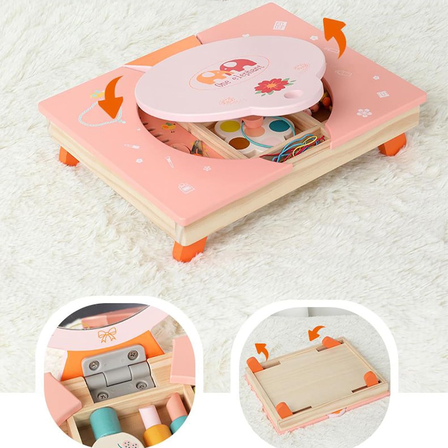 ドレスアップおもちゃ 化粧台 - 木製メイクアップデスク 鏡付き,折り畳み 式 ごっこ 遊び 女の子 用 バニティ セット くし と