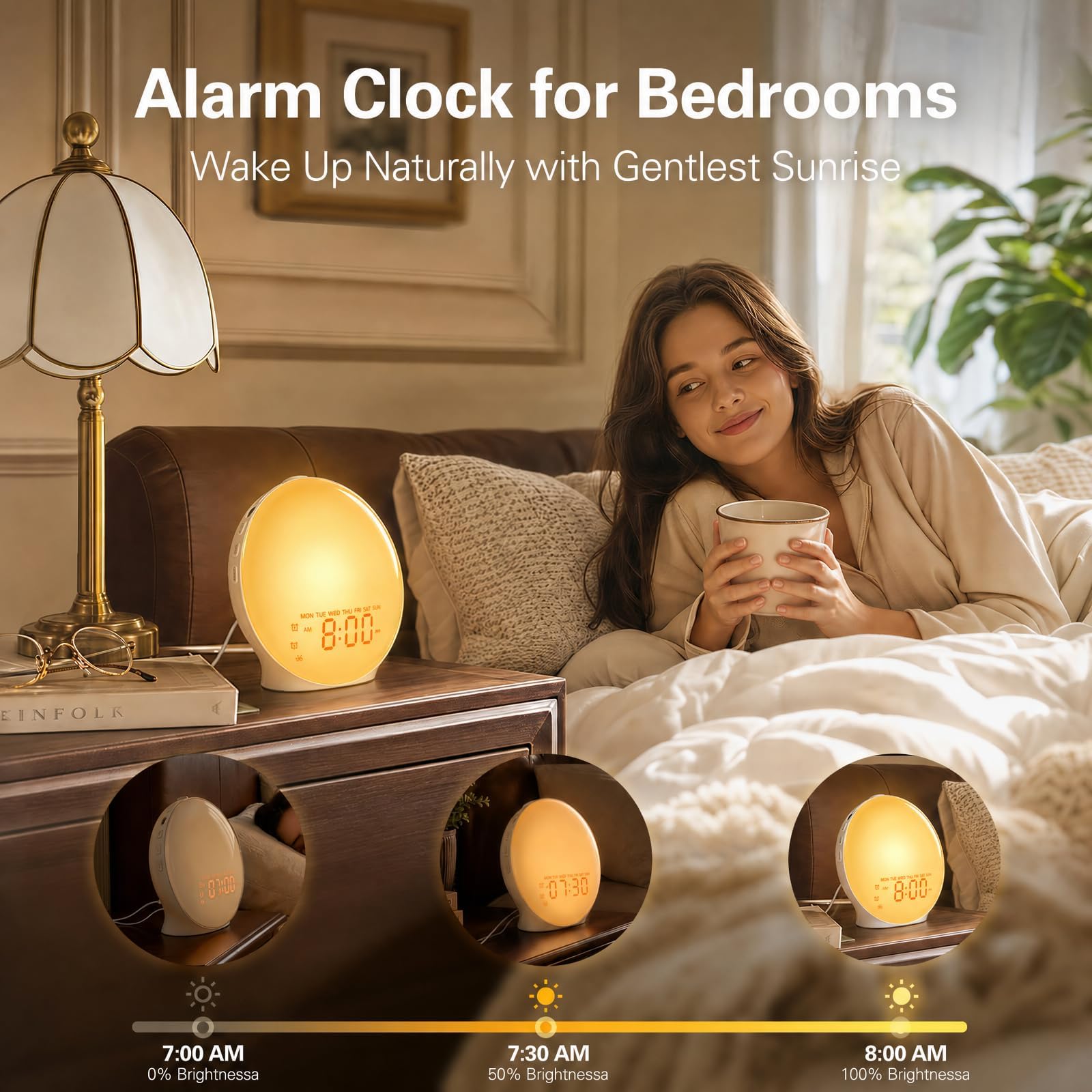 JALL Réveil lumineux plein écran pour chambre à coucher, machine à bruit blanc pour les dormeurs lourds, 25 sons naturels, double alarme, radio FM, 17 couleurs à intensité variable, haut-parleur