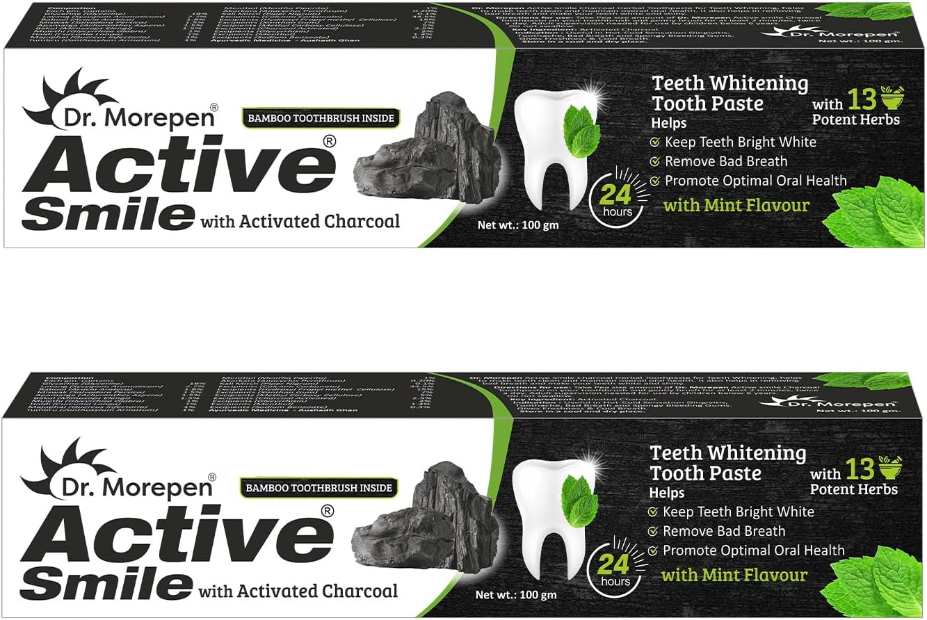 DR. MOREPEN Active Smile Charcoal Toothpaste, Make Your Smile Pearly White! Enriched with Activated Charcoal, Mulethi, Babool, Miswaak and other Potent Herbs | Pack of 2-100 gms each