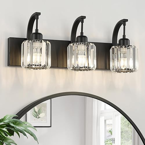 Modern Crystal 3 Light Black Bathroom Vanity Light Wall Light Fixtures with Clear Shades Vanity Lighting Fixtures Over Mirror for Bathroom (Bulbs Not Included)