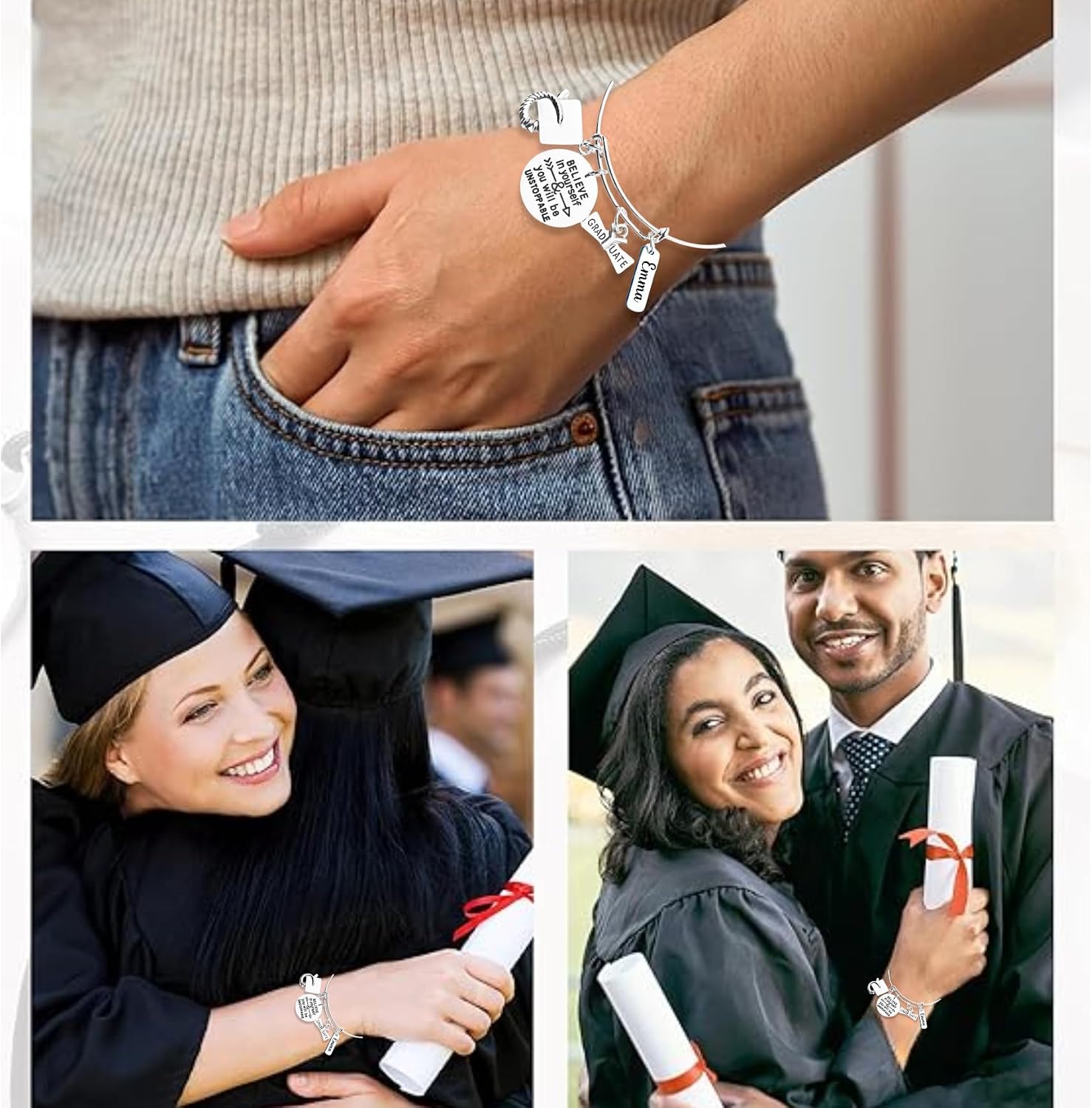 Infinity Collection 2026 Graduation Bangle Bracelet for Her, Personalized with Engraved Believe In Yourself Charm, Stainless Steel Jewelry for Graduates