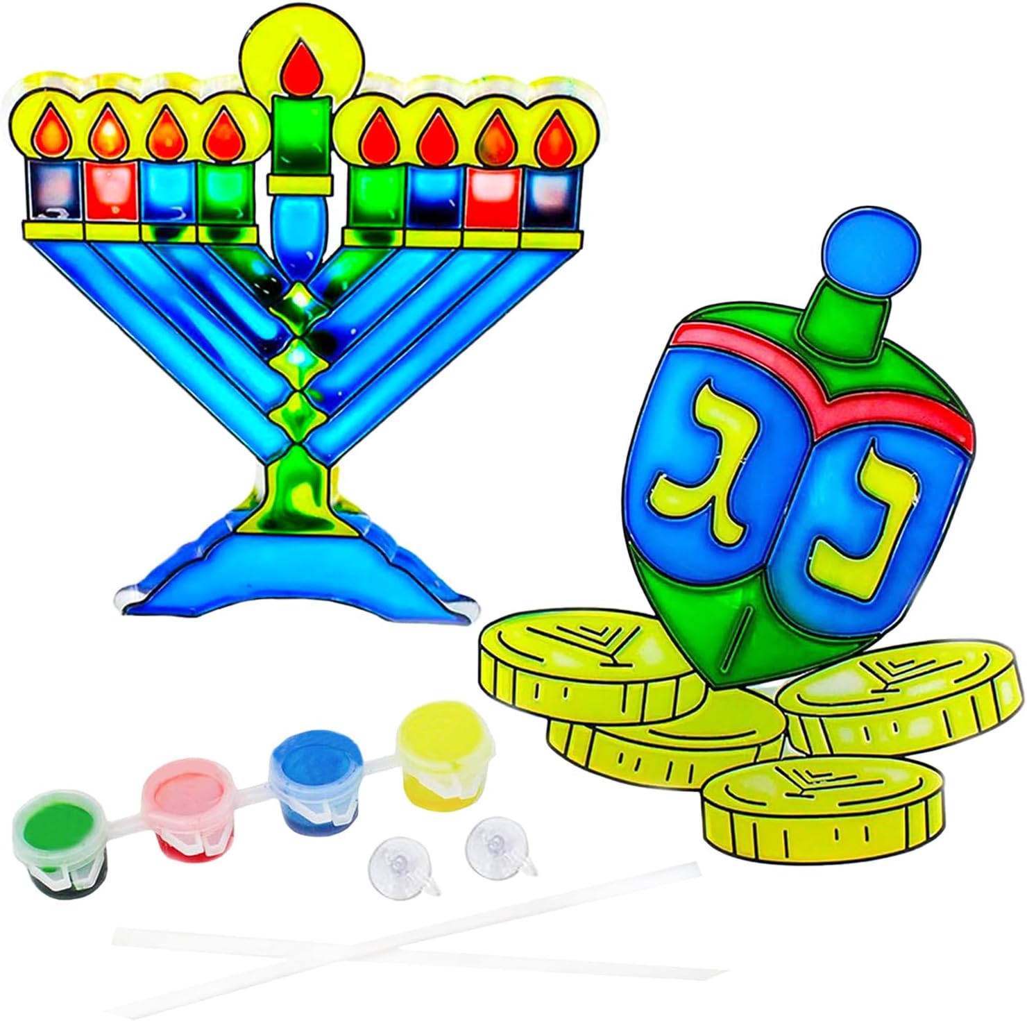 The Dreidel Company 12-Pack Hanukkah Sun Catcher - Stained Glass Look - Paint Your on Menorah and Dreidel - Fun and Educational (12-Pack)