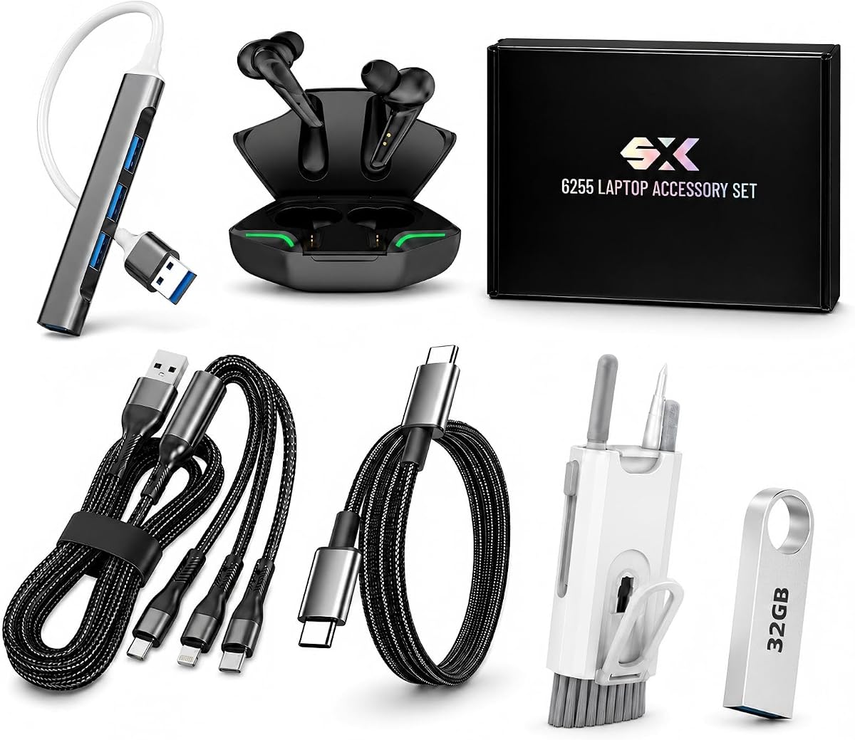 Paquete de accesorios para computadora portátil 6 en 1 con concentrador USB-C y auriculares Bluetooth | Cables de carga 3 en 1 y USB-C, unidad flash de metal de 32 GB, kit de limpieza electrónico para trabajo, estudio y viajes