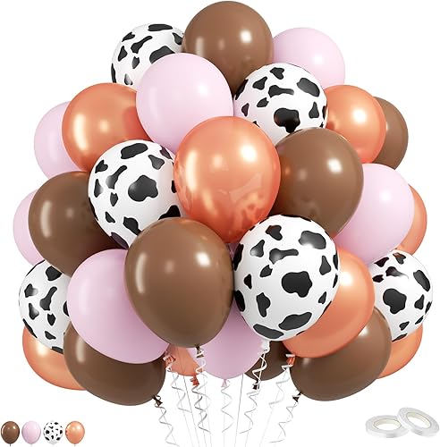 Cow Print Balloons, 52 PCS 12 Inch Maca Pink Brown Rose Gold Cow Balloons Helium Latex Balloons for Birthday Baby Shower Cow Print Party Cowgirl Rodeo Party Farm Party Decorations Supplies