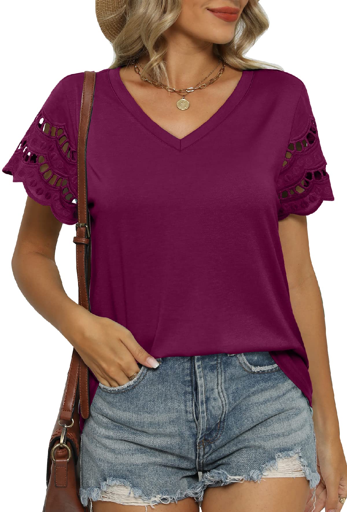 WIHOLL Women Lace Short Sleeve Shirts Dressy Casual Tops Summer Tee Shirt