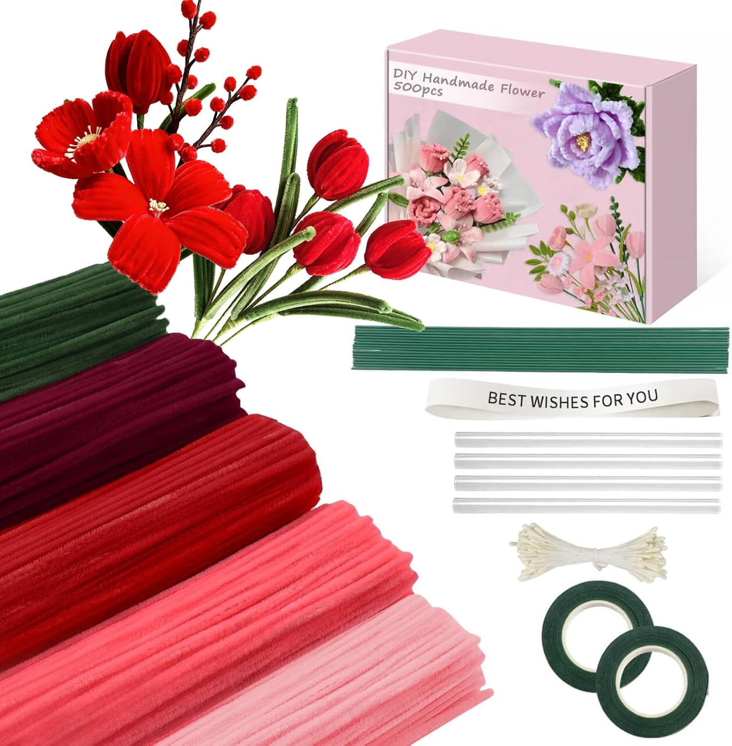 500 Pcs Pipe Cleaners Craft，5 Colors Pipe Cleaners Bulk,Chenille Stems Flowers Craft kit for DIY Handmade Bouquet Wrapping Party Decorations whit Ribbons，Stems,Tape，Stamens, Glue Sticks (Pink)