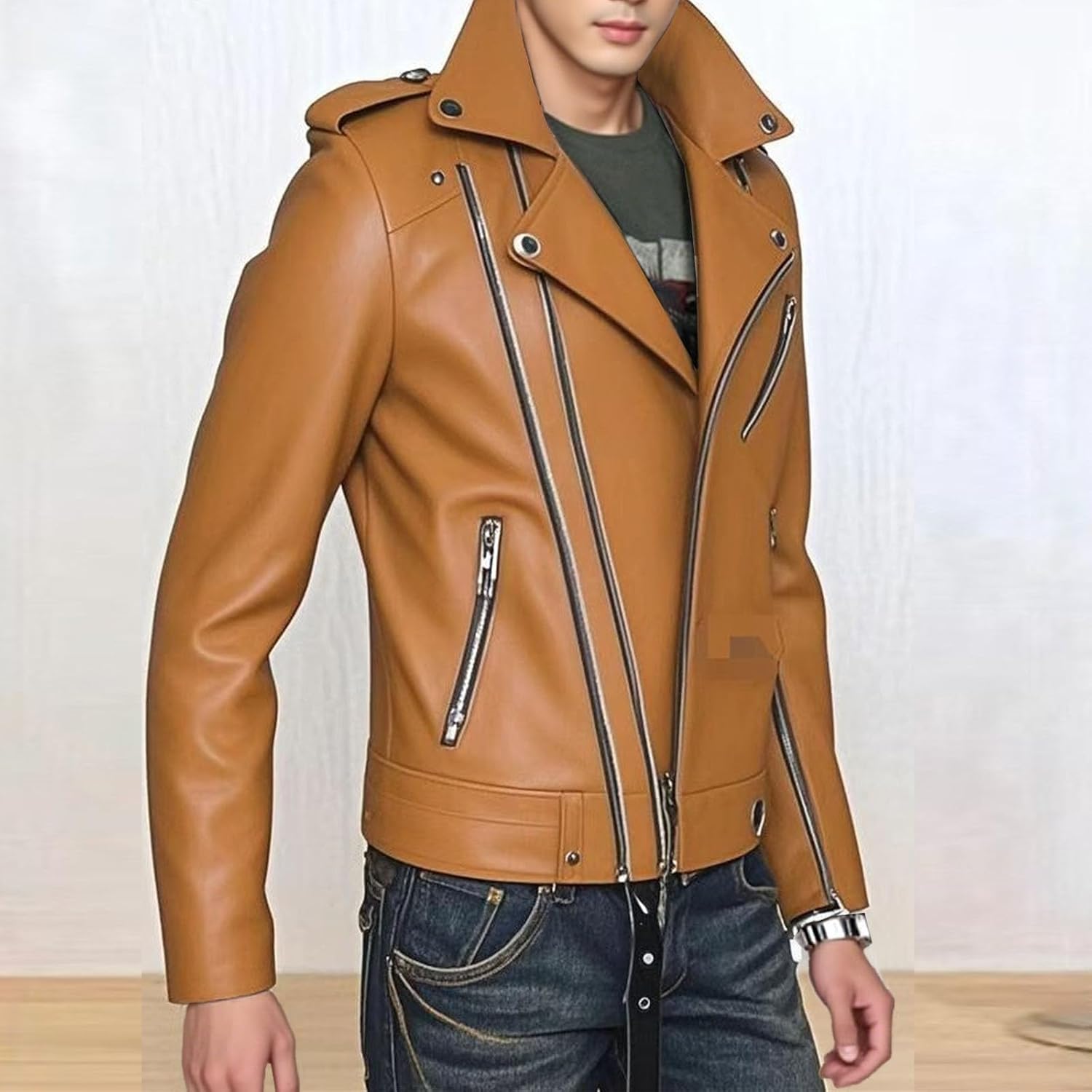 Maiyifu-GJ Faux Leather Jacket for Men Motorcycle Lapel Asymmetric Zip-Up Slim Fit Biker Coat Fall Jackets