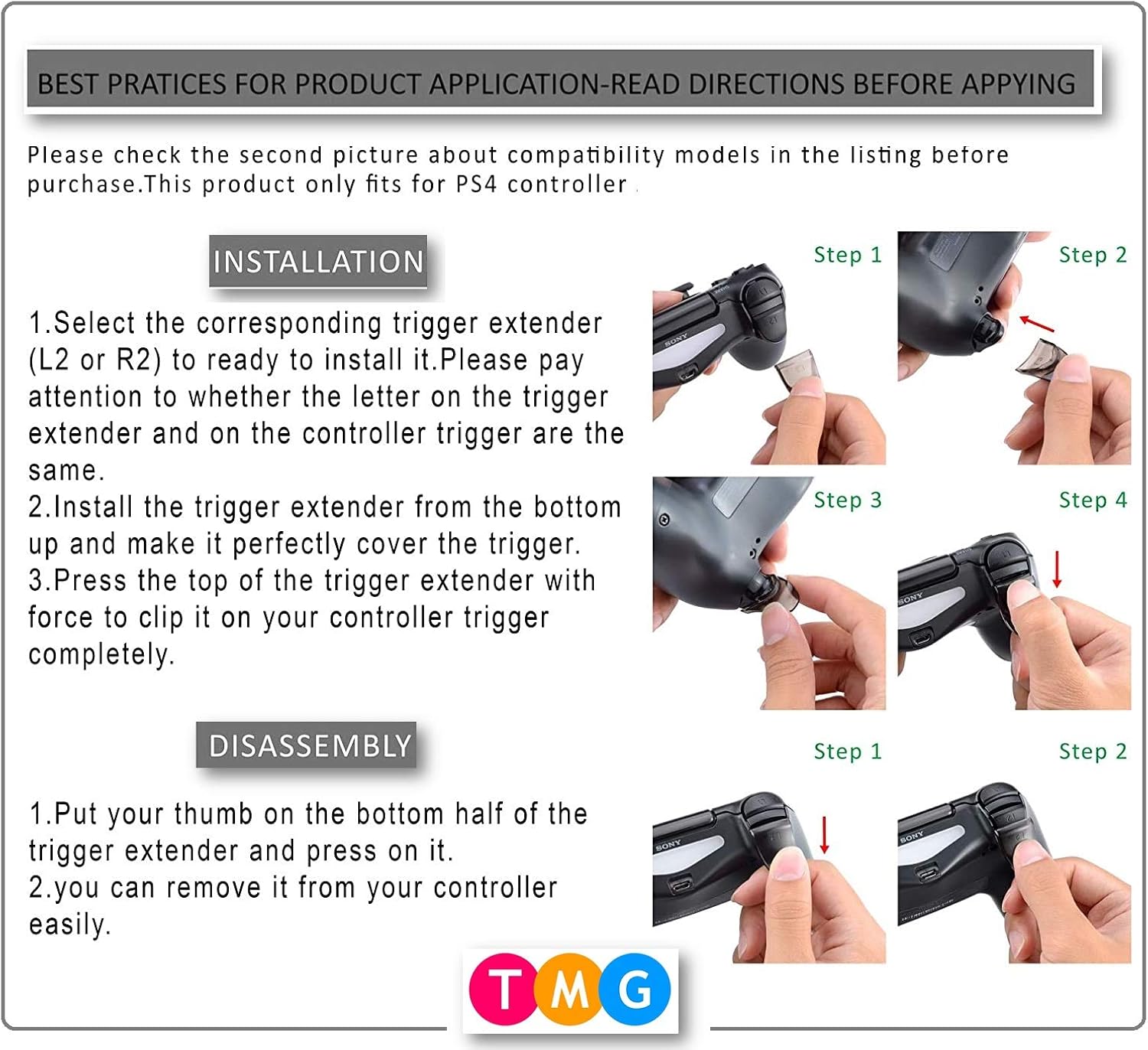 TMG Controller Analog FPS Extenders PS4 Thumbstick L2 R2 Trigger Extended Button Analog Enhanced Thumb Grips for PS4 Controller (Black)