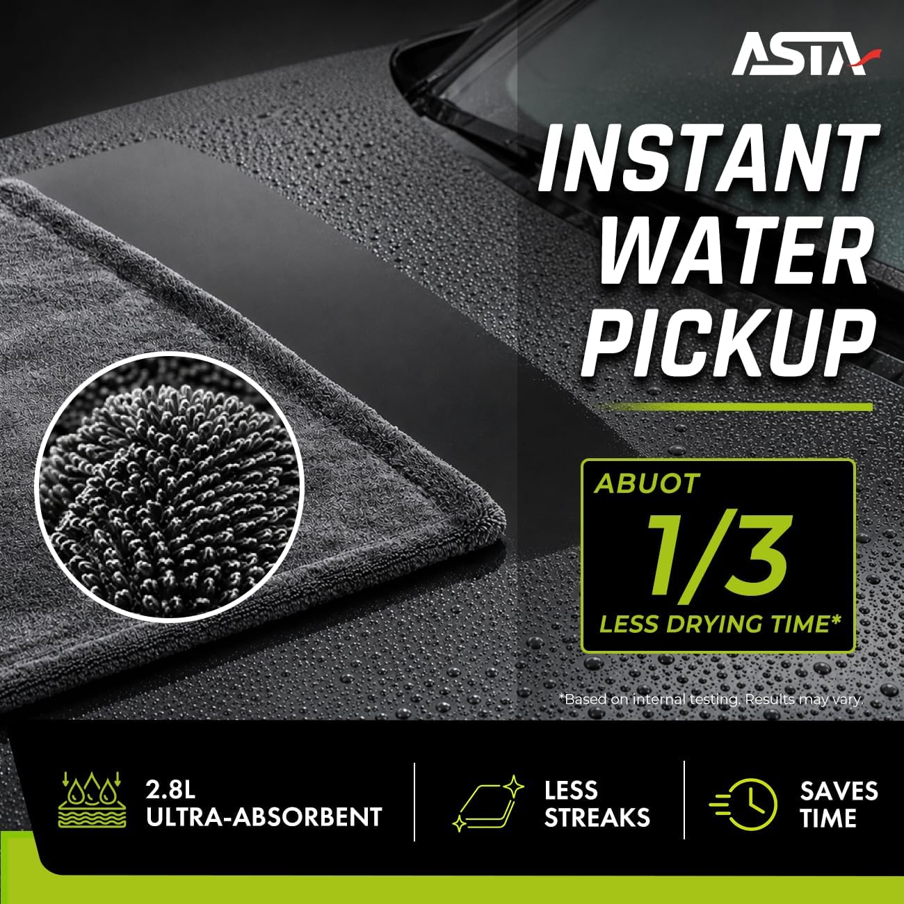 ASTA Car Drying Towel, Microfiber, Absorbent, 24x36 in, Charcoal Gray